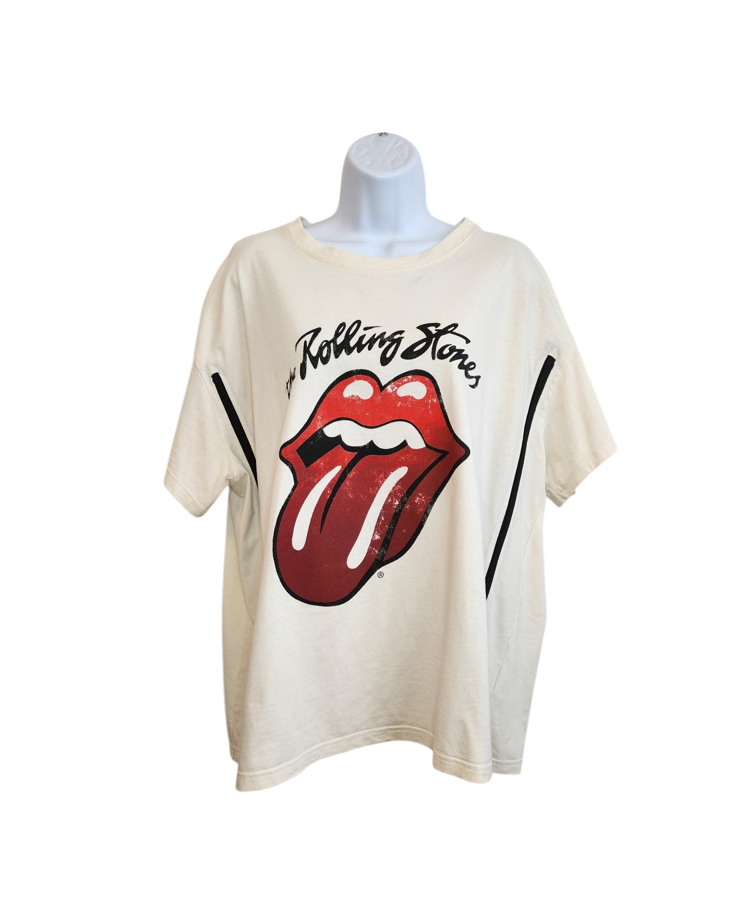 Displayed on a mannequin against a white background, this XL H&M upcycled breastfeeding & pumping T-shirt features The Rolling Stones red tongue and lips logo on cream/red fabric with black diagonal side stripes.