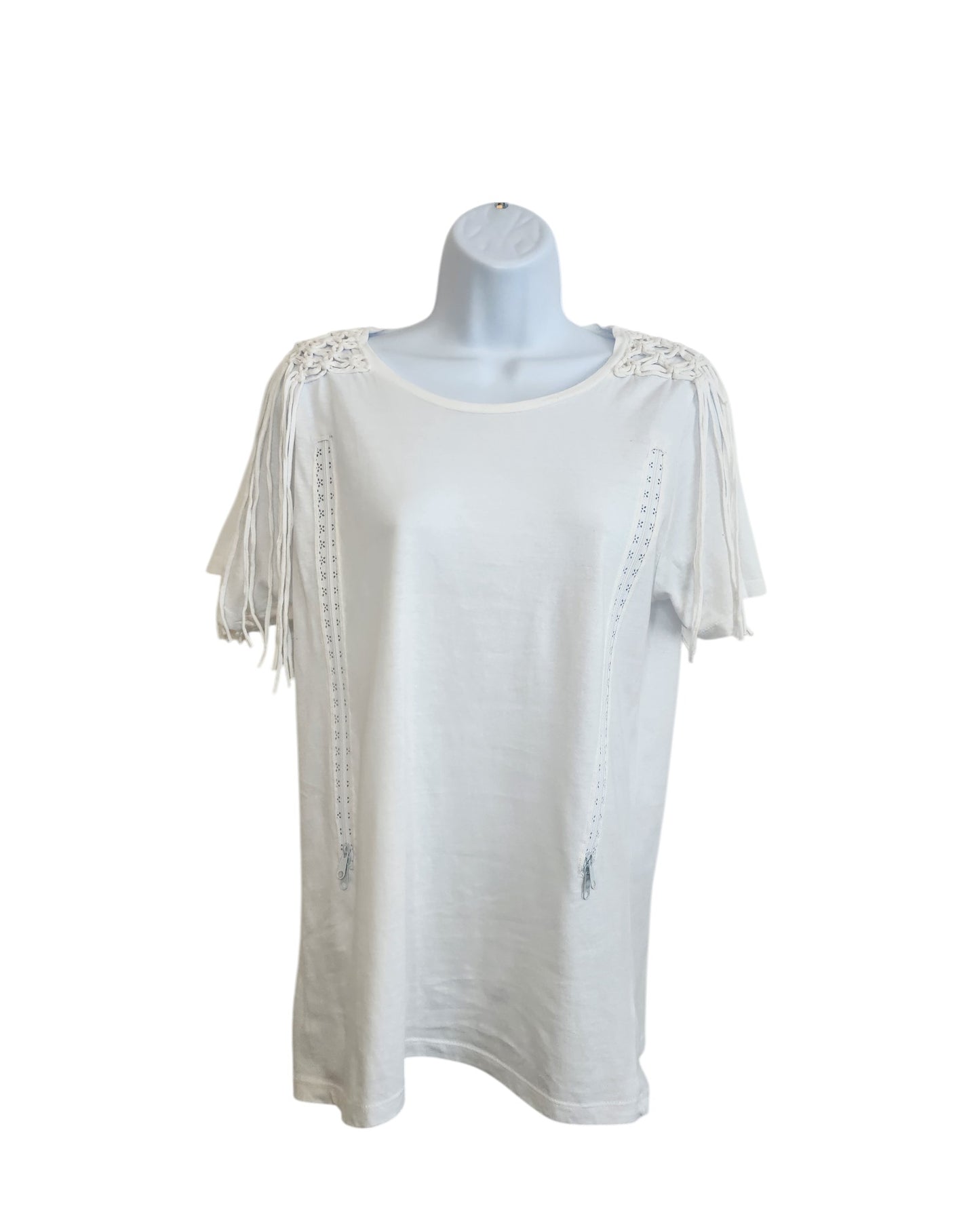 The Pep & Co Upcycled Breastfeeding & Pumping Plain White Shoulder Fringing t-shirt (UK12) features a relaxed fit, lace shoulder fringe, and decorative front stitching—made from upcycled clothing for nursing moms.