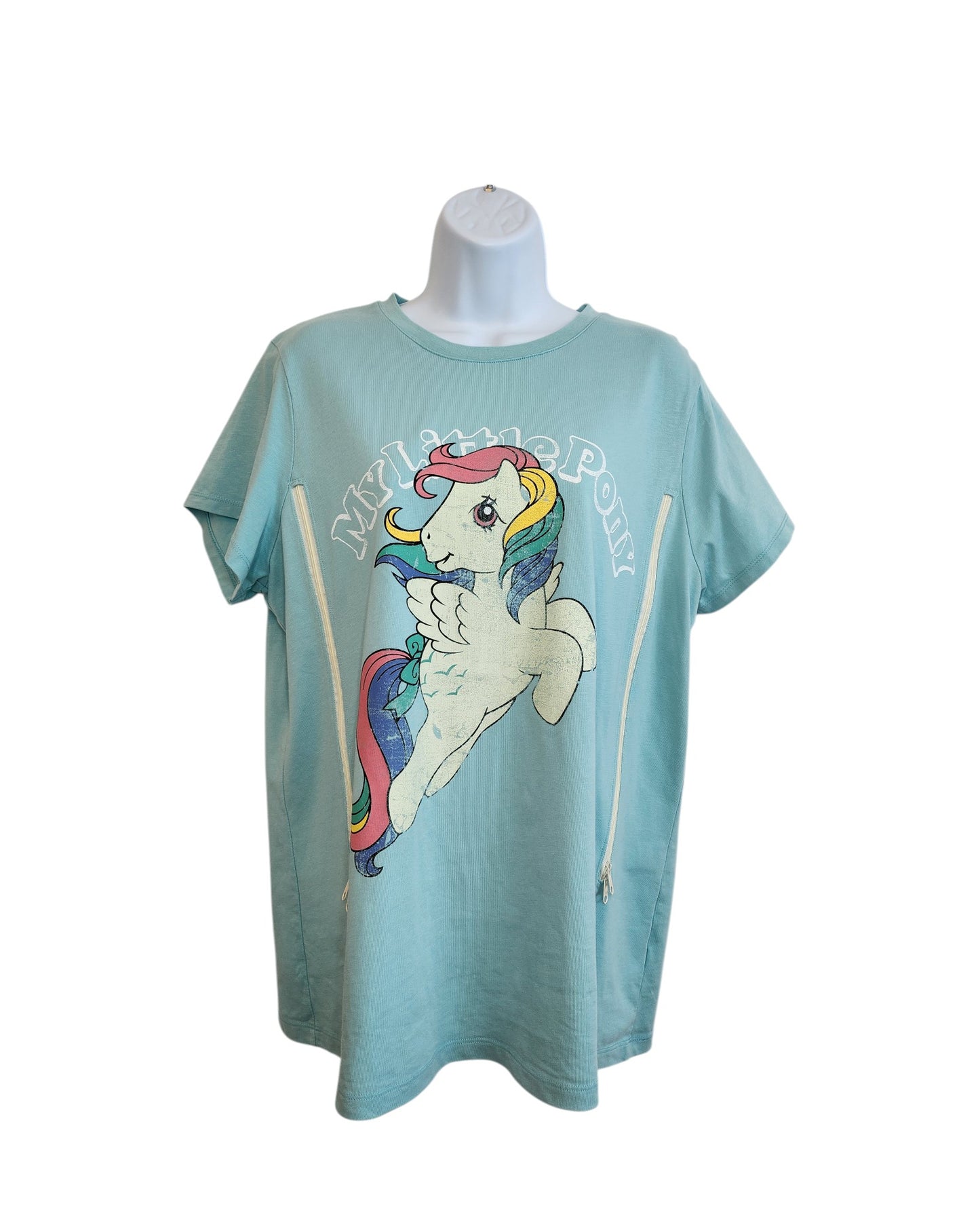 Light blue upcycled breastfeeding & pumping My Little Pony t-shirt (UK18) by George, features a colorful pony with rainbow mane and My Little Pony text above the illustration, shown on a white mannequin torso.