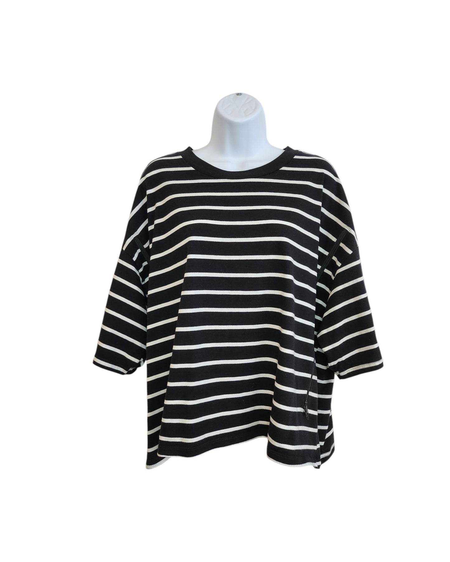 The Primark Upcycled Breastfeeding & Pumping black/white stripe t-shirt (L, UK14/16) is crafted from eco-friendly upcycled materials and shown on a headless mannequin against a white background.
