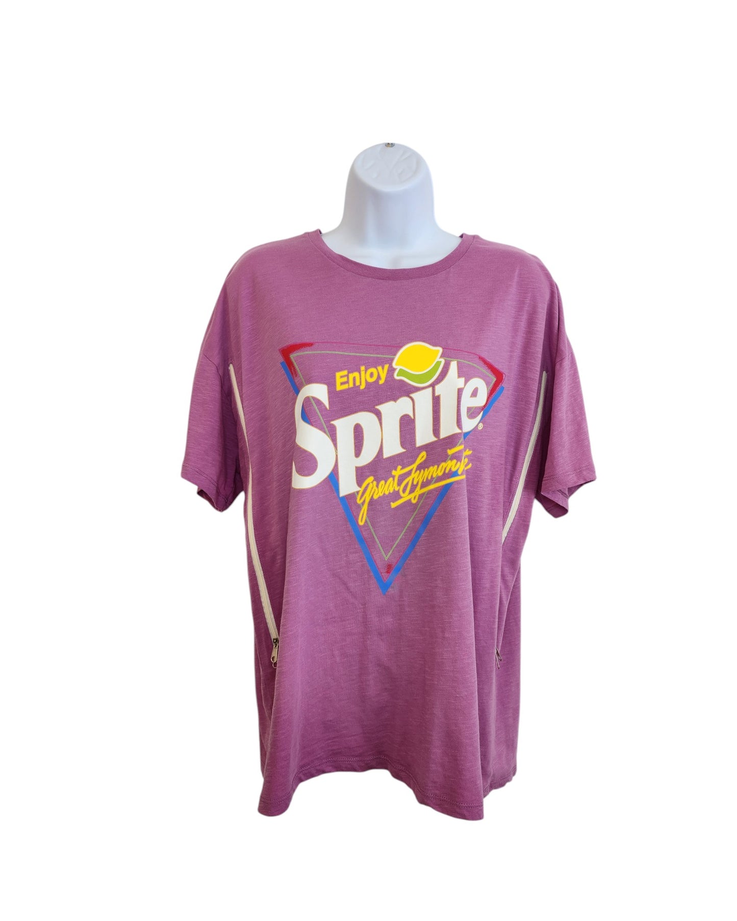 A purple Upcycled Breastfeeding & Pumping Sprite T-shirt by George (UK14) is displayed on a mannequin. It features Enjoy Sprite, Great Lymon Taste in bold white and yellow letters with a lemon slice and geometric shapes.