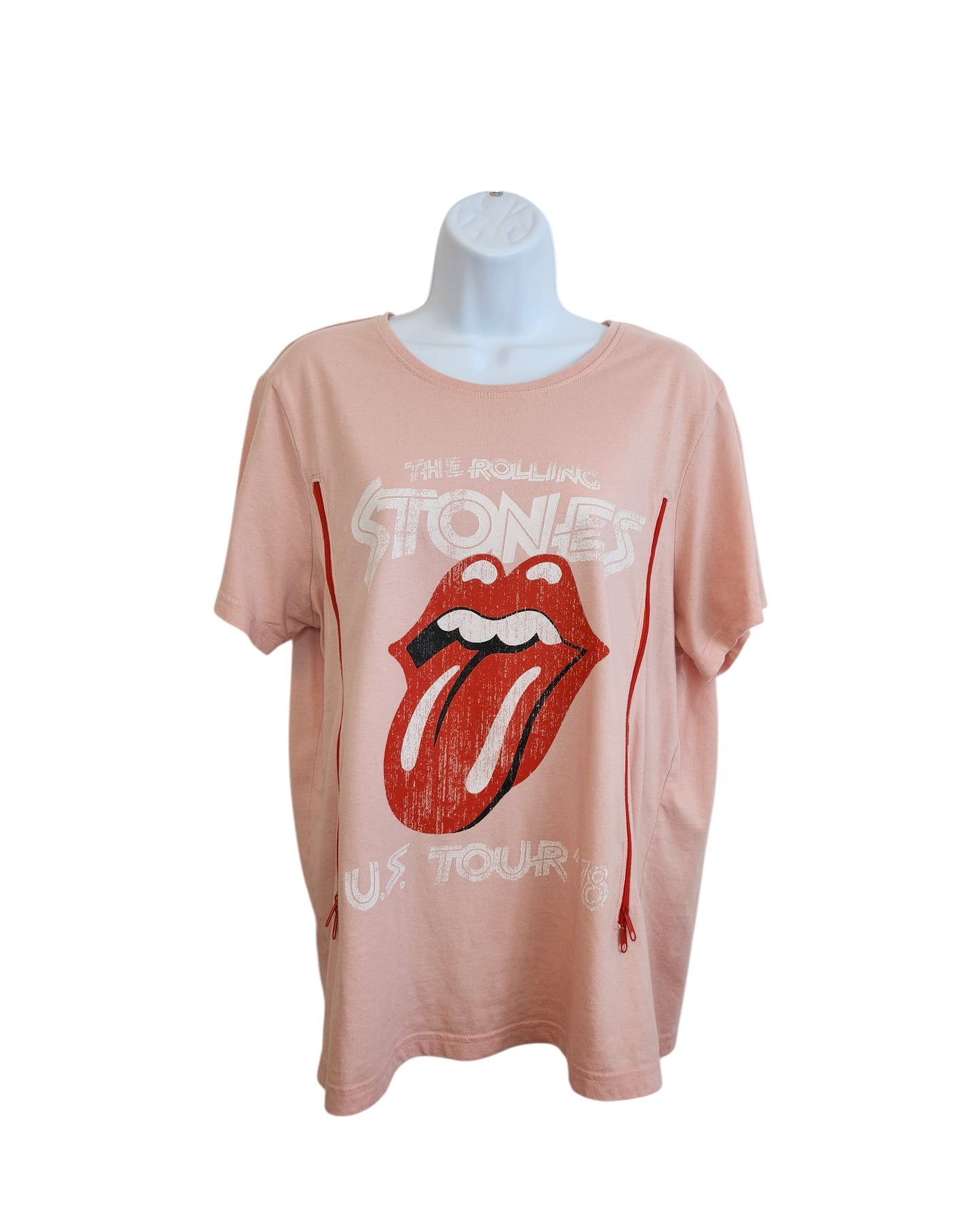 Upcycled Tu Pink The Rolling Stones Nursing & Pumping T-shirt (UK14), featuring the iconic red tongue and lips logo—perfect for fans seeking unique preloved clothing.