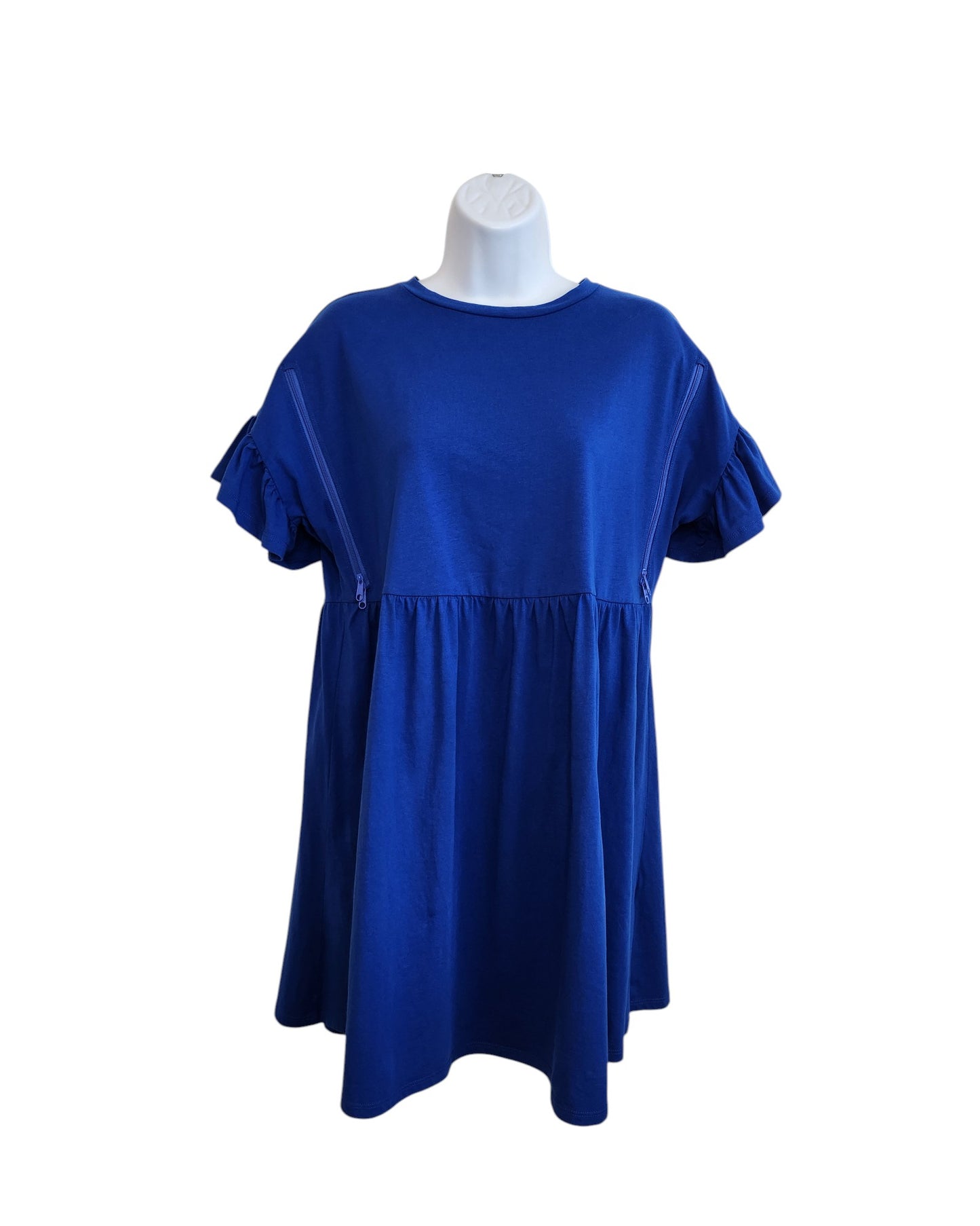 A loose-fitting, knee-length Upcycled Breastfeeding & Pumping Short Blue t-shirt Dress (UK10) by New Look, featuring short sleeves, is displayed on a white mannequin torso against a plain white background.