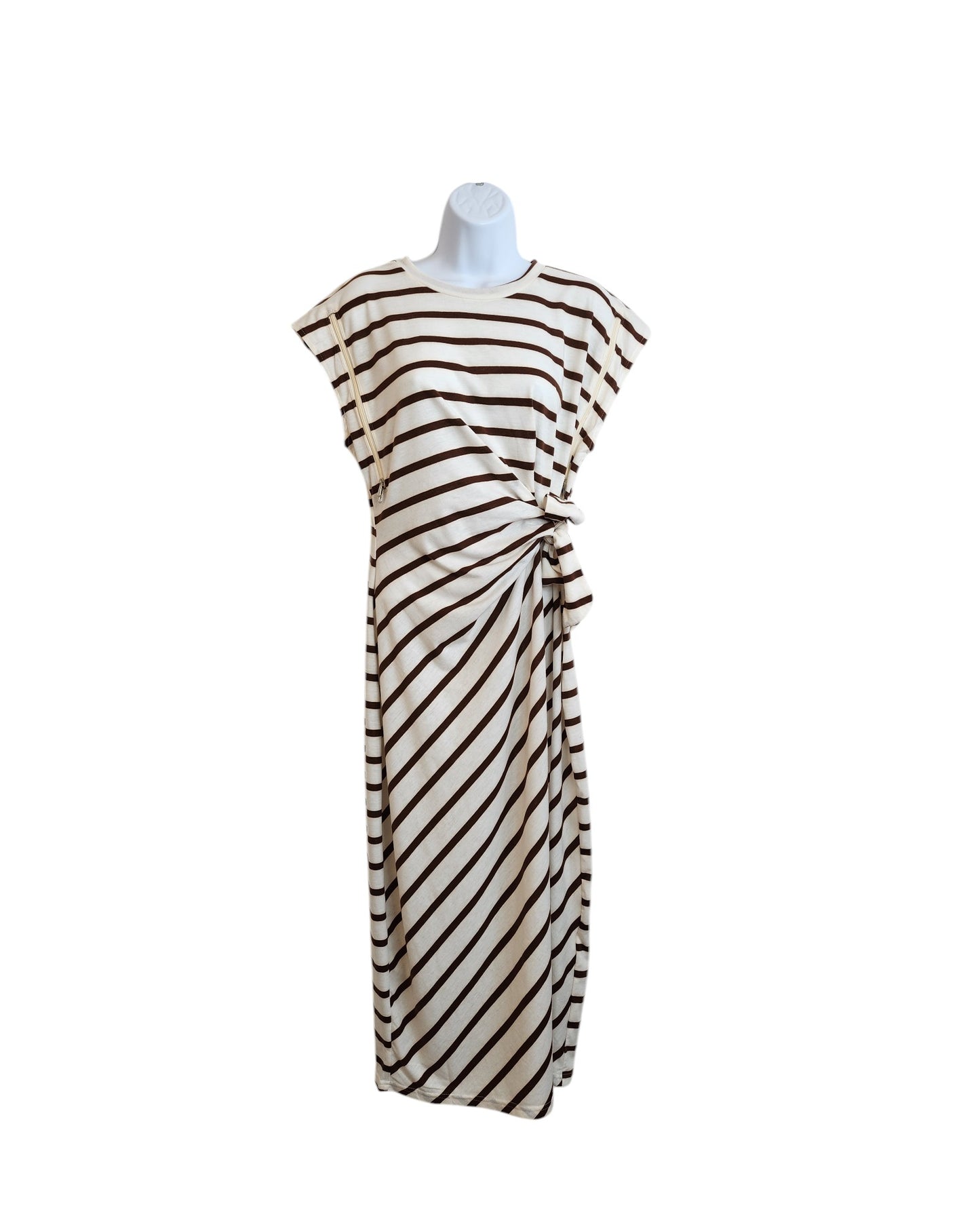 The TikTok Upcycled Breastfeeding & Pumping Dress L features cream and brown stripes, a sleeveless ankle-length design with a gathered knot waist, and is crafted from preloved clothing, displayed on a mannequin.