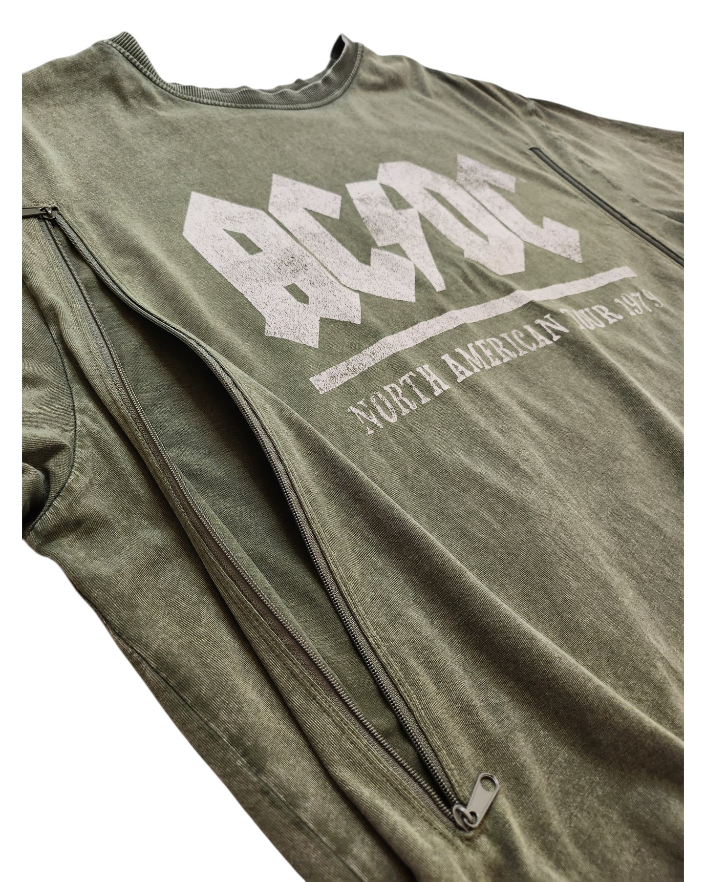 A khaki New Look AC/DC “North American Tour 1979” upcycled t-shirt (UK16) with two front zippers for breastfeeding or pumping, ideal for nursing moms or eco-conscious fans. Laid flat on a white background.