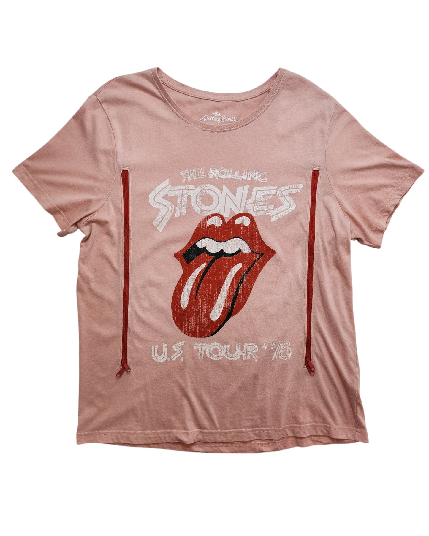 This upcycled Tu pink Rolling Stones t-shirt (UK14) is designed for breastfeeding & pumping, featuring the iconic lips and tongue logo with vintage tour text—crafted from high-quality preloved clothing.