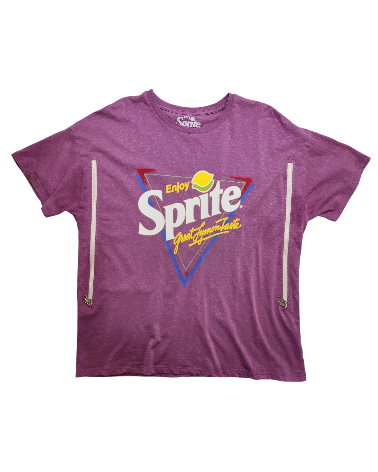 The George Upcycled Breastfeeding & Pumping Sprite T-shirt (UK14) features a retro Enjoy Sprite graphic with a yellow lemon slice, colorful triangles, and two vertical zippers for easy nursing—stylish and functional.