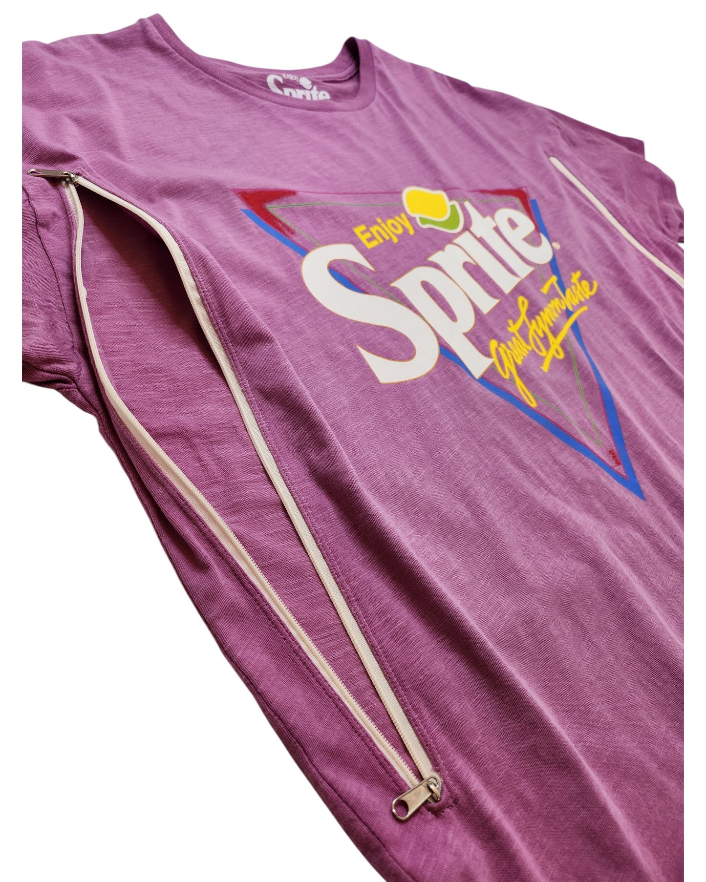 The George Upcycled Breastfeeding (Nursing) & Pumping Sprite t-shirt UK14 features white zippers down each side for easy nursing and a retro graphic logo—blending standout style with preloved charm.