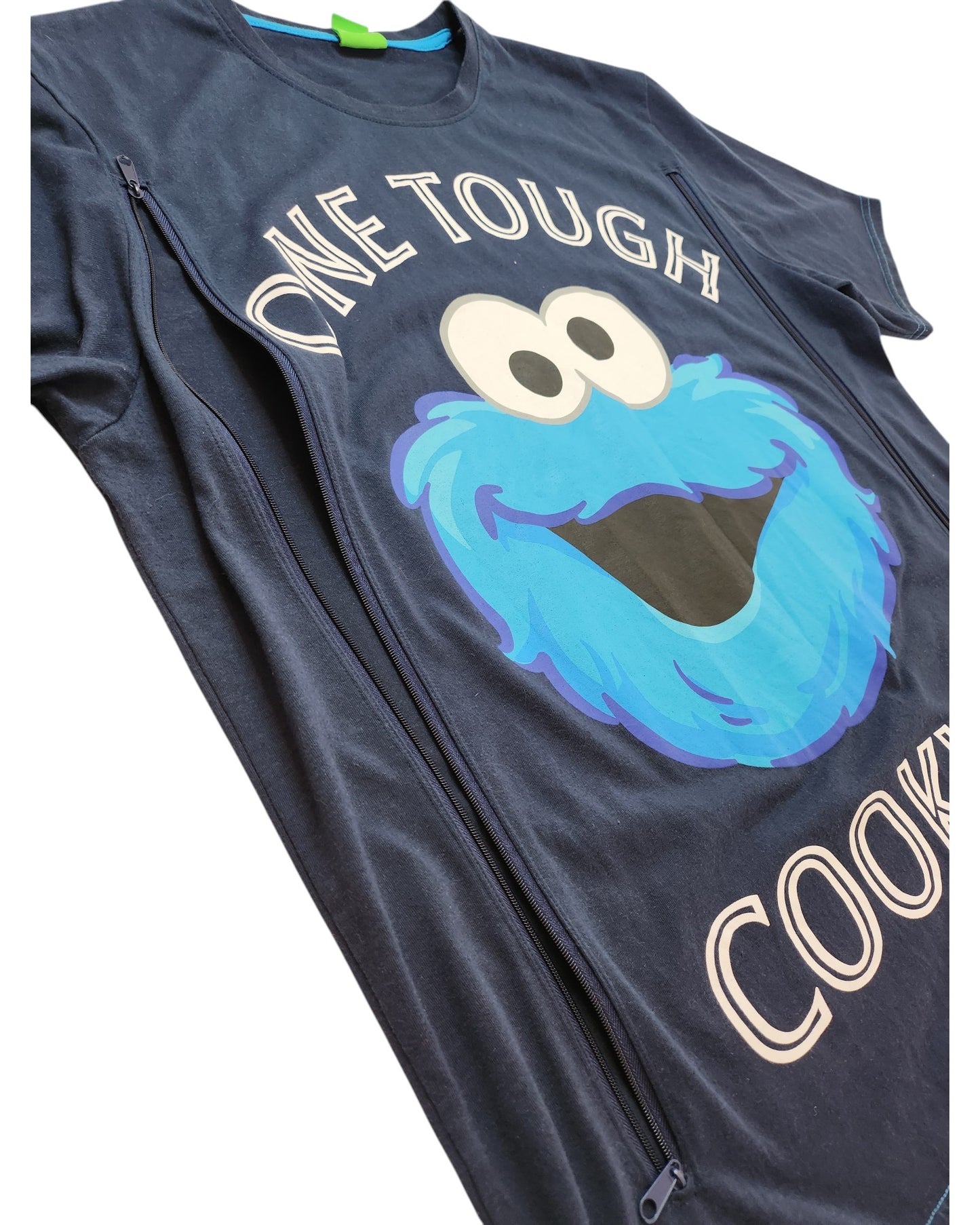 The George Upcycled Breastfeeding & Pumping Cookie Monster t-shirt (L) is navy blue with a smiling Cookie Monster face, ONE TOUGH COOKIE text, and side zippers for stylish, convenient nursing.