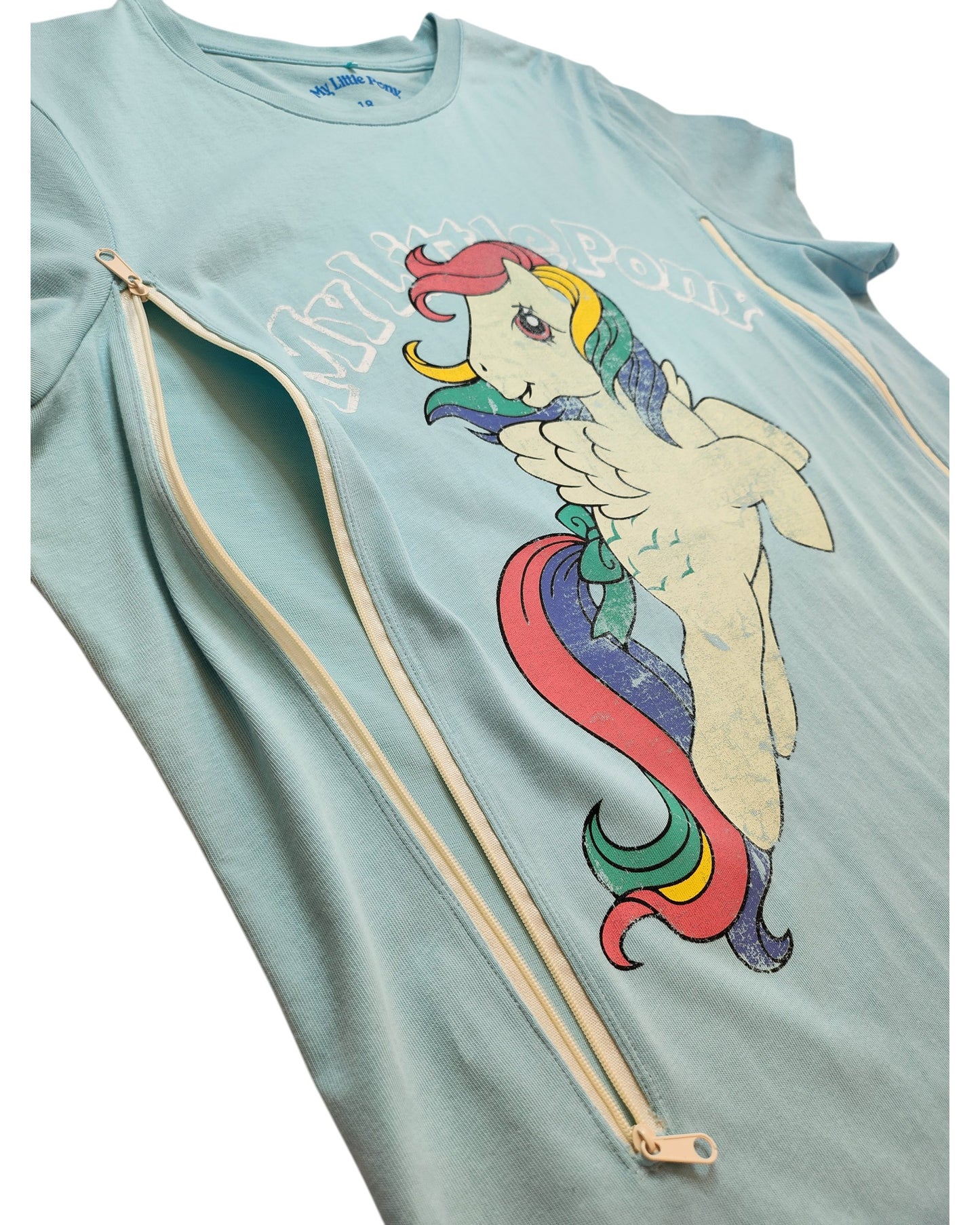 The George Upcycled Breastfeeding & Pumping My Little Pony t-shirt UK18 is a light blue tee with a cartoon unicorn, rainbow mane, two vertical zippers for nursing, and My Little Pony printed above—combining practicality and fun style.