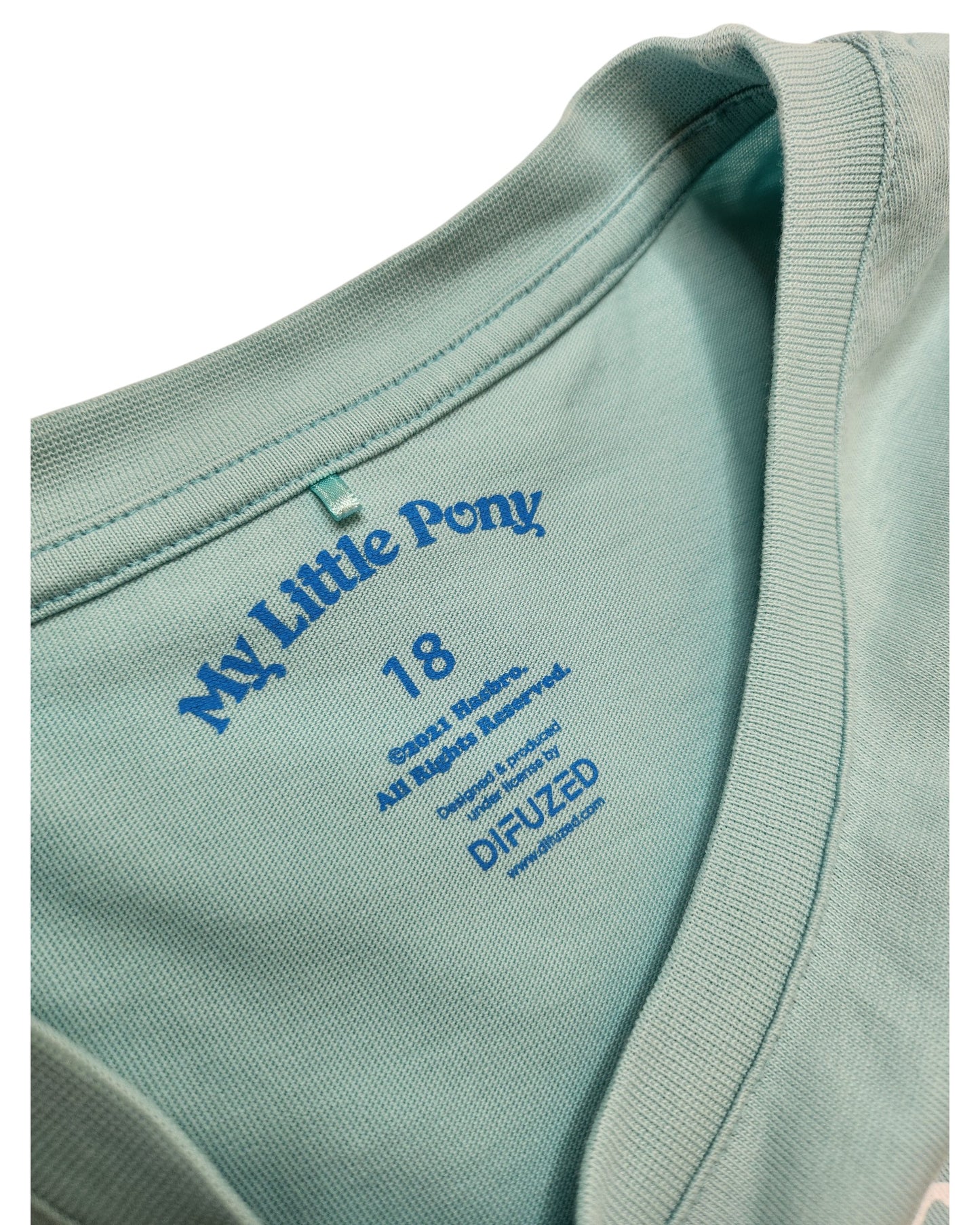 Close-up of a light blue Upcycled Breastfeeding & Pumping My Little Pony t-shirt by George, UK18 size, with eco-friendly design and printed label showing branding details.