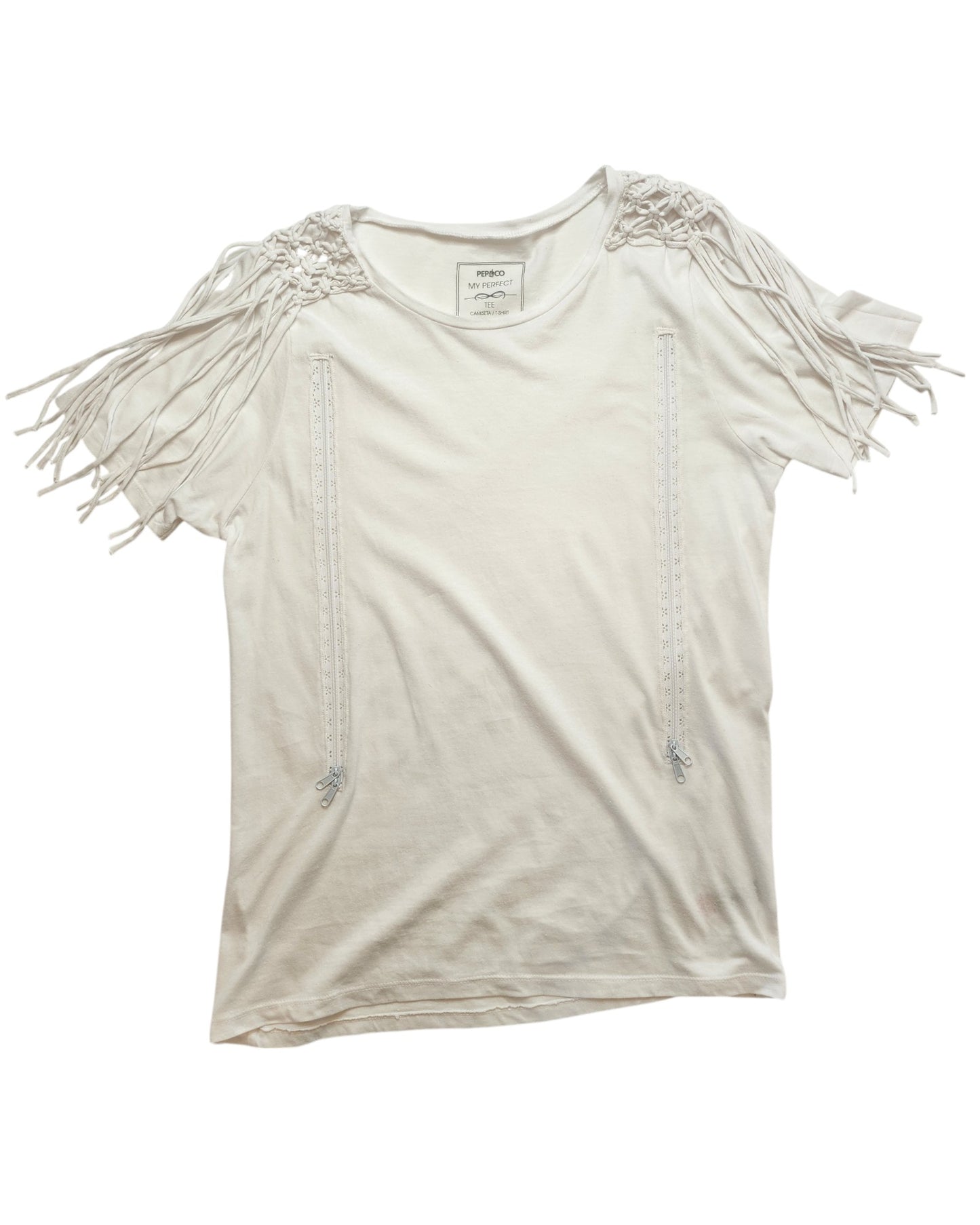 Pep & Cos Upcycled Breastfeeding & Pumping Plain White Shoulder Fringing T-shirt UK12 features short sleeves, fringe shoulder details, and lace accents down the front—an effortlessly stylish, relaxed-fit round-neck top for nursing moms.
