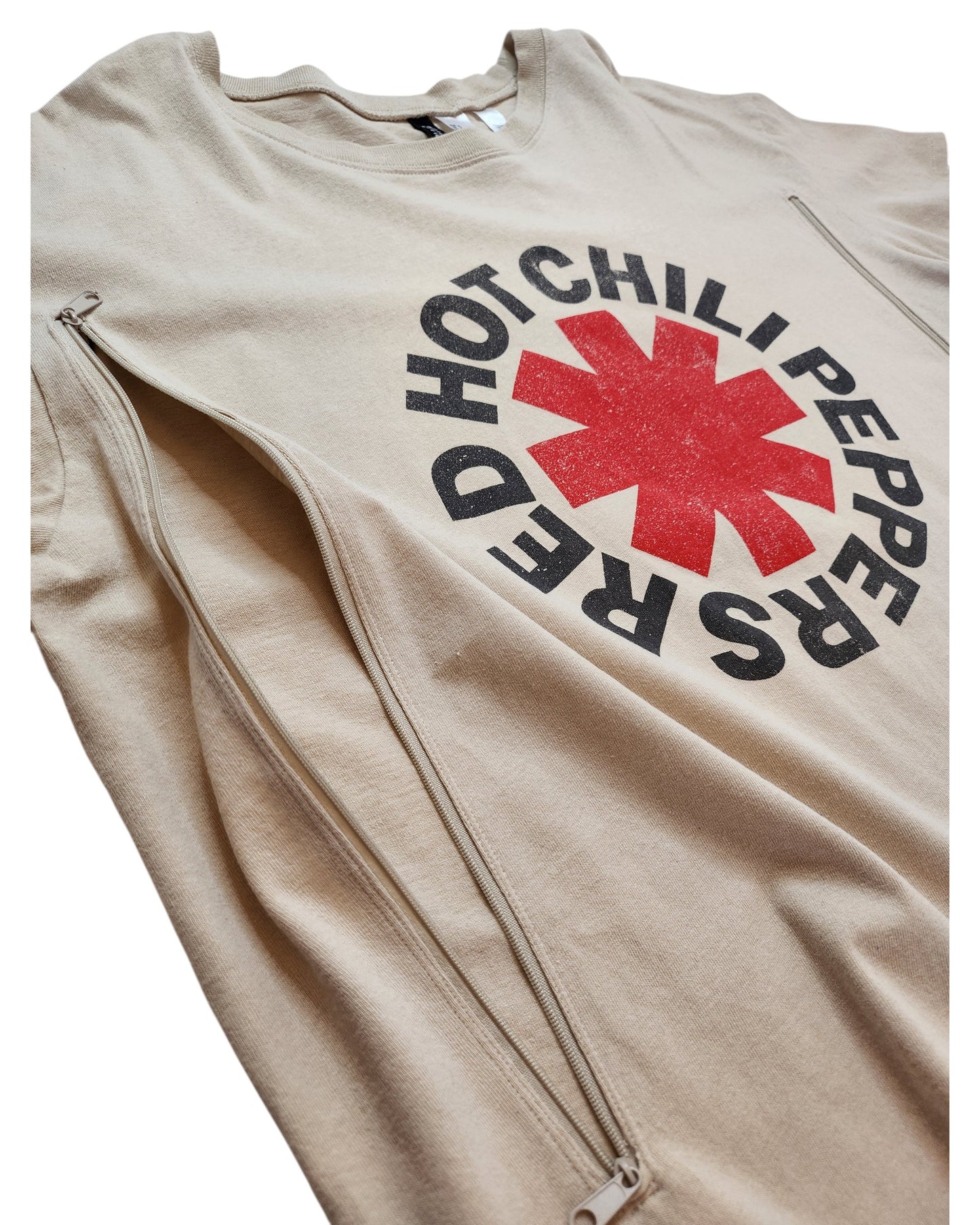 The H&M Upcycled Breastfeeding & Pumping Red Hot Chili Peppers T-shirt (XL) is beige, eco-friendly, and features a red asterisk logo with the band’s name. Discreet side zippers allow for easy nursing or pumping.