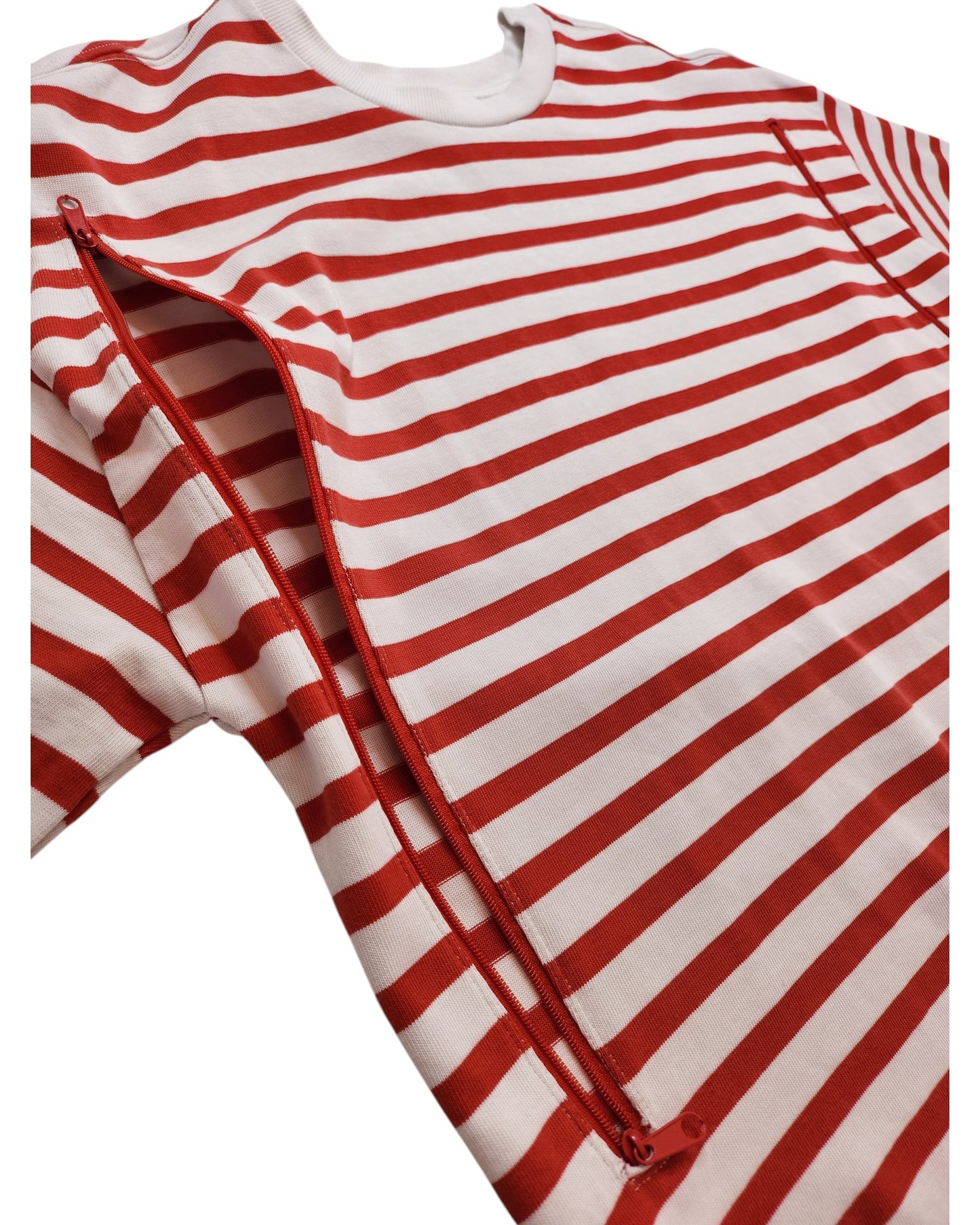 The Tu Upcycled Breastfeeding & Pumping Red/White Stripe t-shirt UK14 features a side seam zipper for easy nursing or pumping—ideal maternity wear.