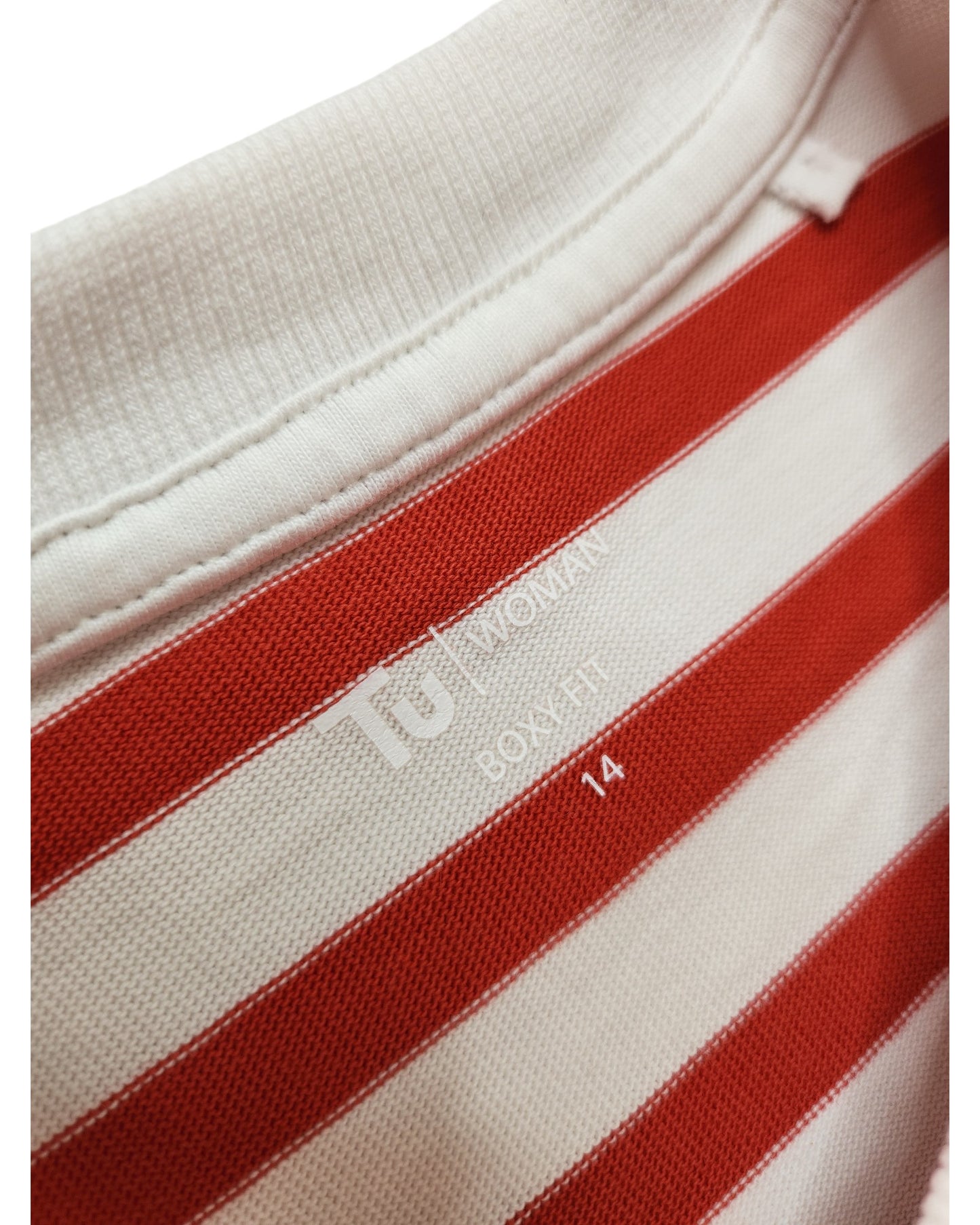 Close-up of the inside collar of a Tu Upcycled Breastfeeding & Pumping Red/White Stripe t-shirt (UK14), showing the label—an example of sustainable fashion with preloved clothing.