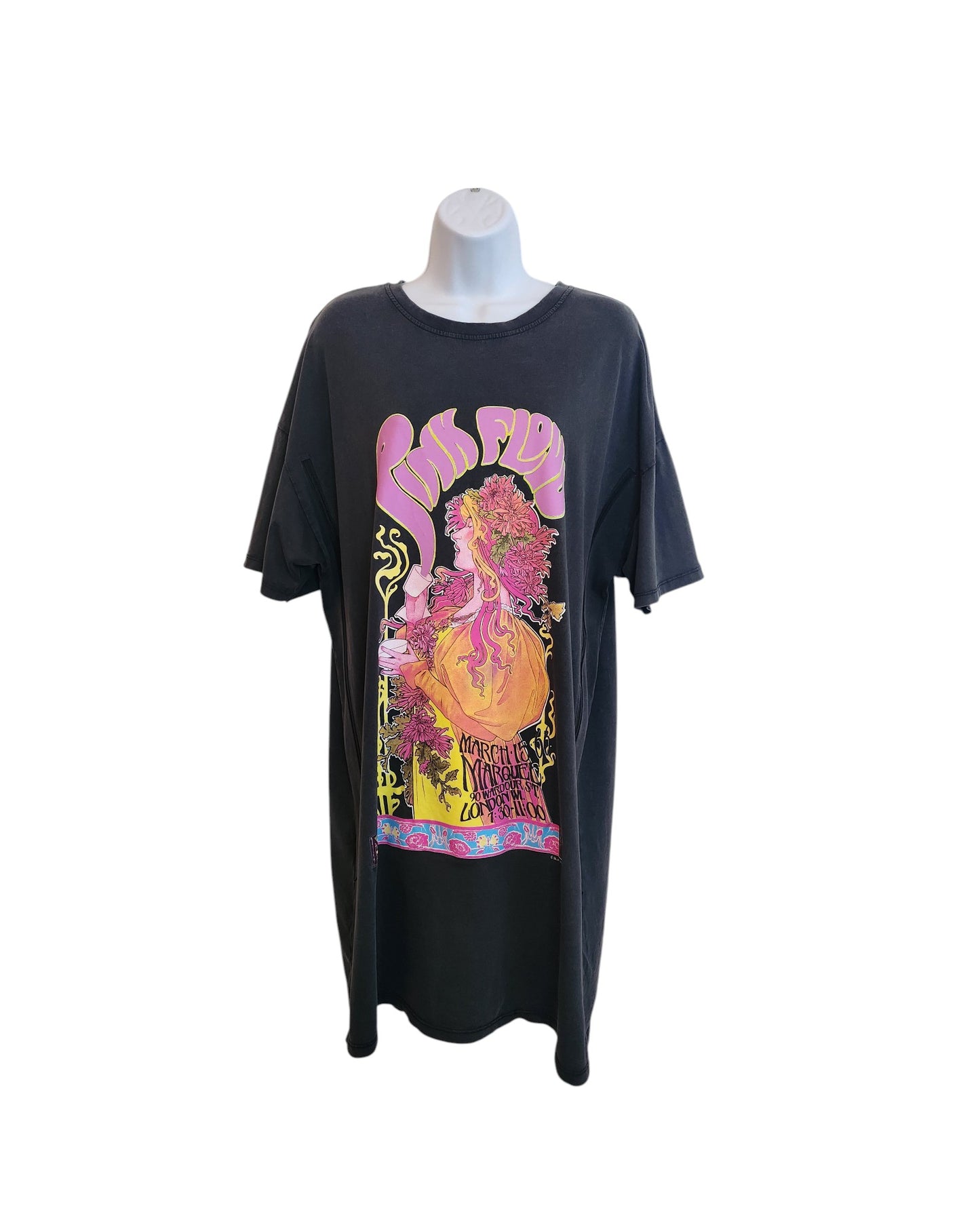 Primark Upcycled Breastfeeding & Pumping Grey Pink Floyd Band t-shirt dress (M, UK12/14) features bold pink, yellow, and orange graphics for a vibrant, eco-conscious look—perfect for nursing or pumping in style.