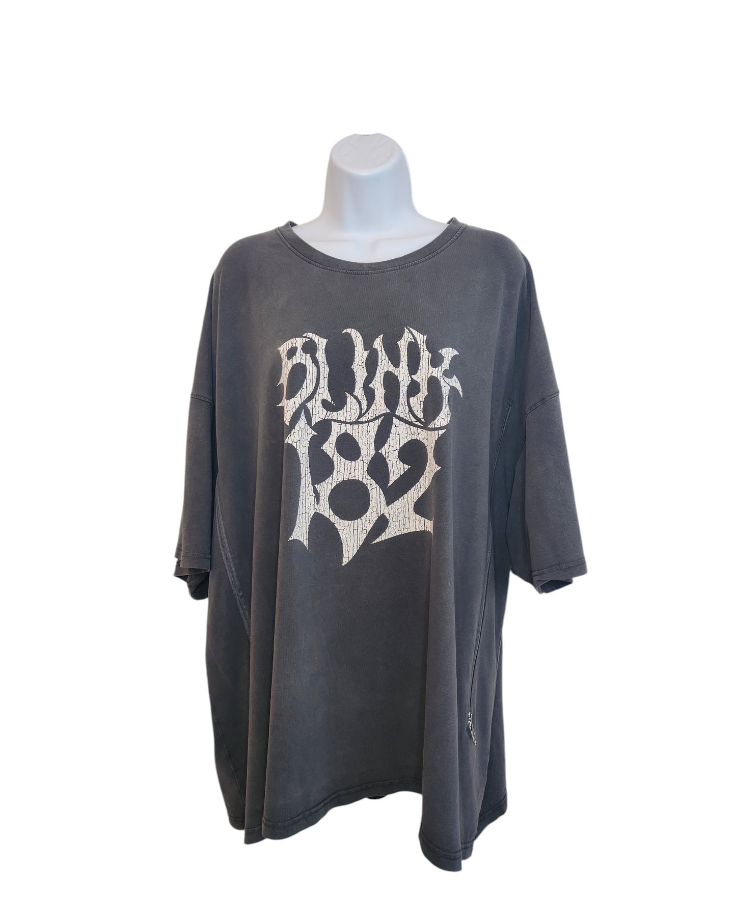 A charcoal gray Boohoo upcycled breastfeeding & pumping Blink 182 band T-shirt (L), featuring bold white lettering, is shown on a white mannequin torso against a plain background.