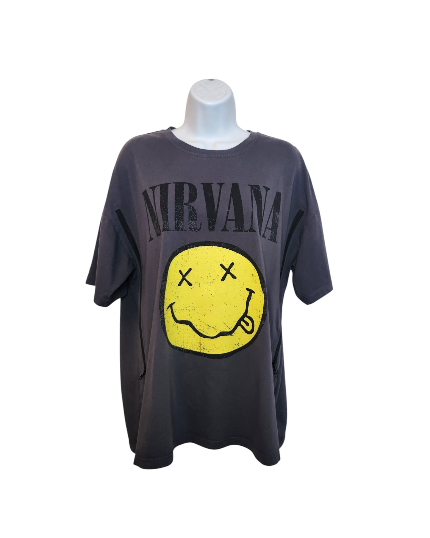 The Upcycled Breastfeeding & Pumping Yellow Smile Nirvana Band t-shirt (S, UK10/12) by Primark features bold band lettering above the iconic yellow smiley face—an ideal preloved find for fans seeking comfort and style.