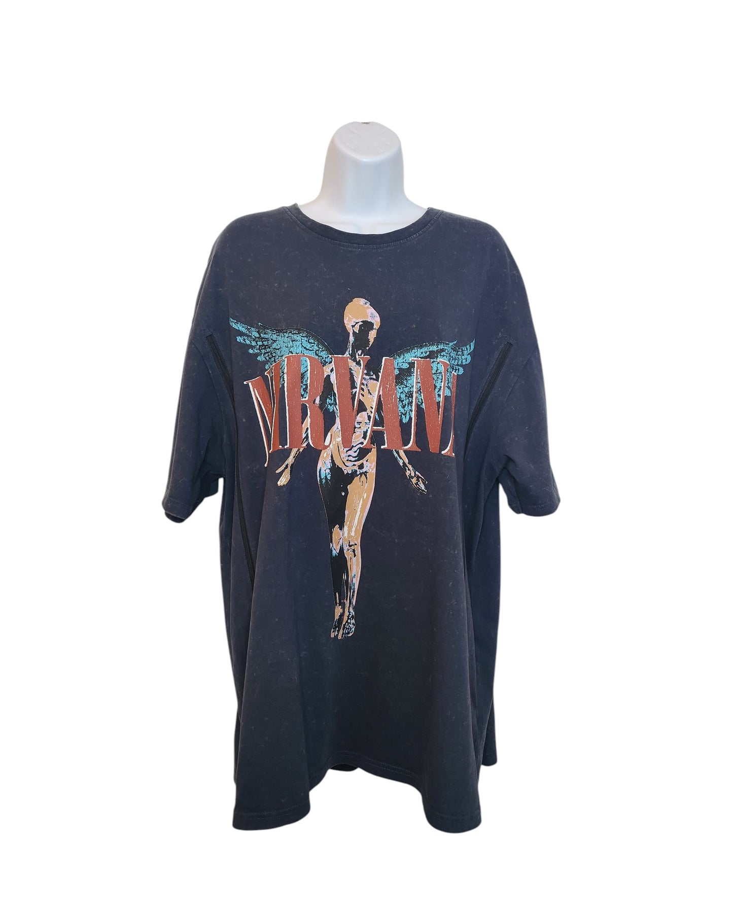 A grey and turquoise upcycled Primark Nirvana Angel Band T-shirt (L, UK14/16) designed for breastfeeding and pumping—perfect for eco-friendly fashion fans seeking style and functionality.