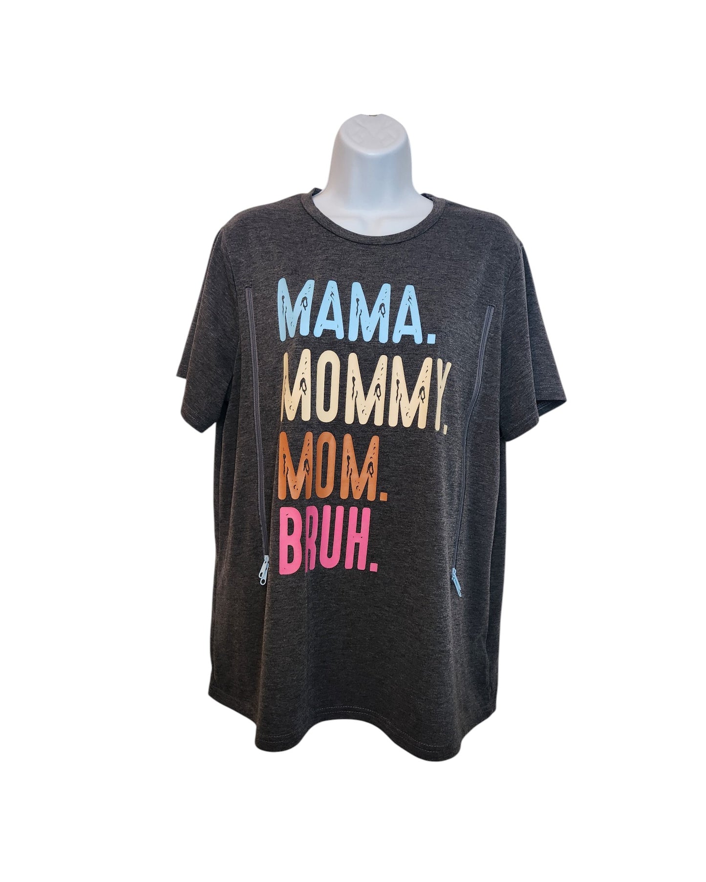 An upcycled dark gray Emery Rose “Upcycled Breastfeeding (Nursing) & Pumping Mama t-shirt (XL) features “MAMA. MOMMY. MOM. BRUH.” in bold blue, yellow, orange, and pink—great for preloved fashion fans seeking a playful statement piece.