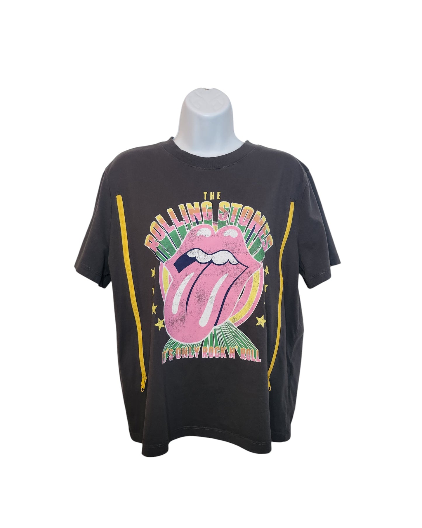 The H&M Upcycled Breastfeeding & Pumping The Rolling Stones Yellow Stars Band t-shirt (M) is a black tee with a colorful logo, pink tongue and lips graphic, yellow stars, and Its Only Rock N Roll text. Displayed on a mannequin torso.