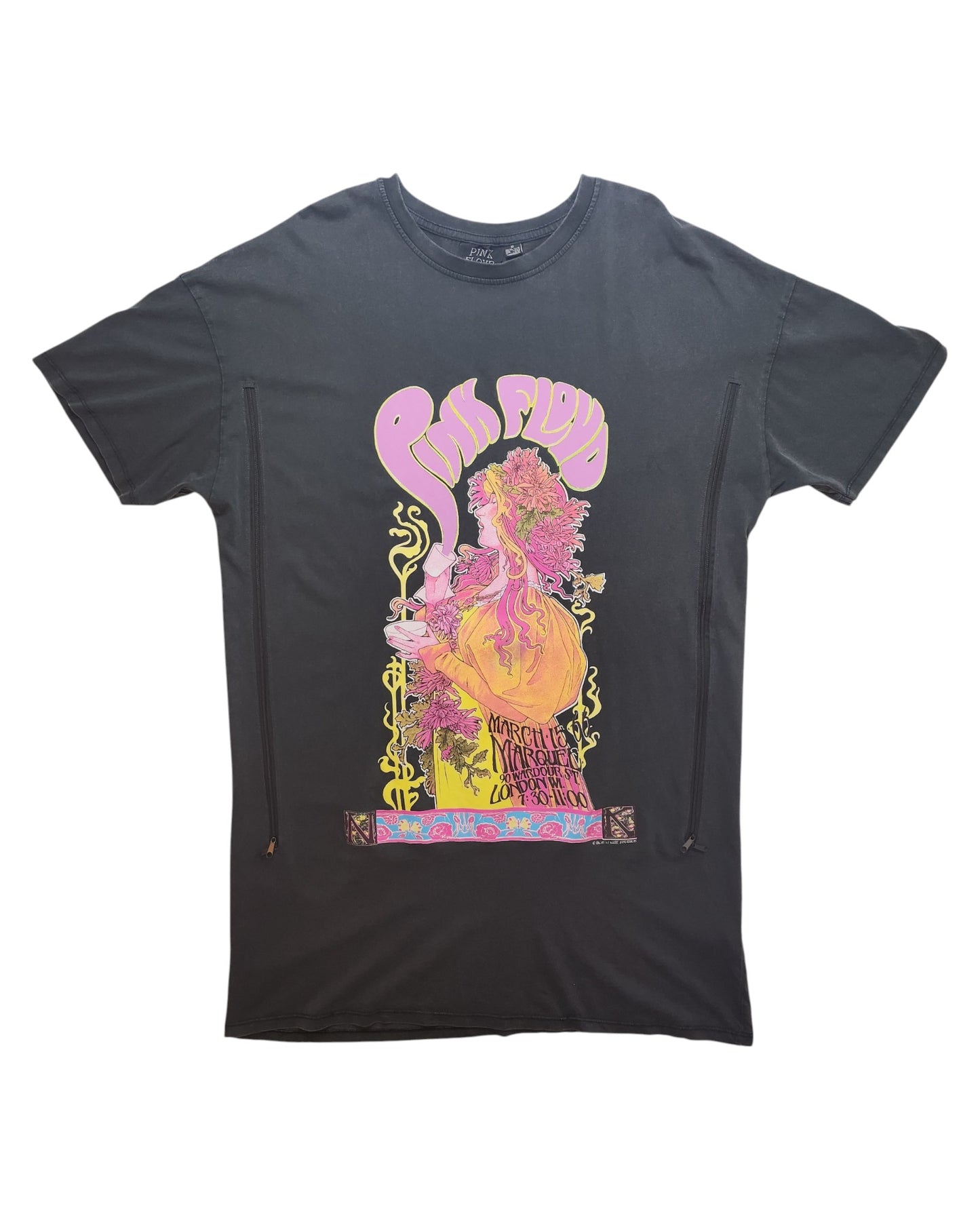 Primark’s upcycled grey Pink Floyd band t-shirt dress (M, UK12/14) is designed for breastfeeding and pumping. Crafted with eco-friendly materials, it features ornate yellow, orange, and pink psychedelic graphics of a woman with flowers and a pipe.