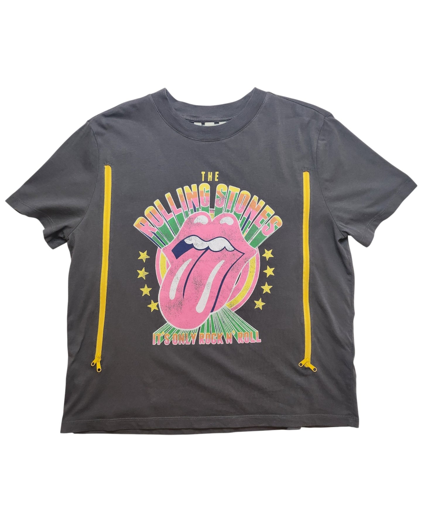 Upcycled H&M dark gray Rolling Stones band T-shirt (size M) with a colorful pink tongue, yellow stars, large front graphic, and vertical yellow zippers for breastfeeding or pumping—an eco-friendly choice.