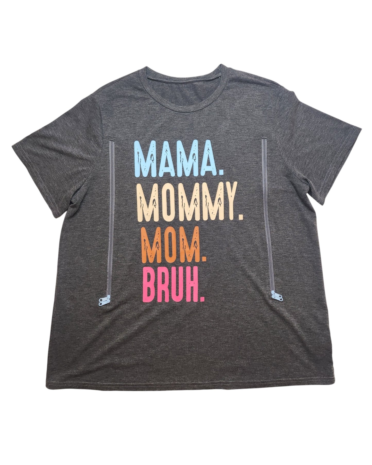 The Emery Rose Upcycled Breastfeeding (Nursing) & Pumping Mama t-shirt XL is a dark gray tee with “MAMA. MOMMY. MOM. BRUH.” in bold colors and two discreet chest zippers—ideal, stylish breastfeeding wear for modern moms.