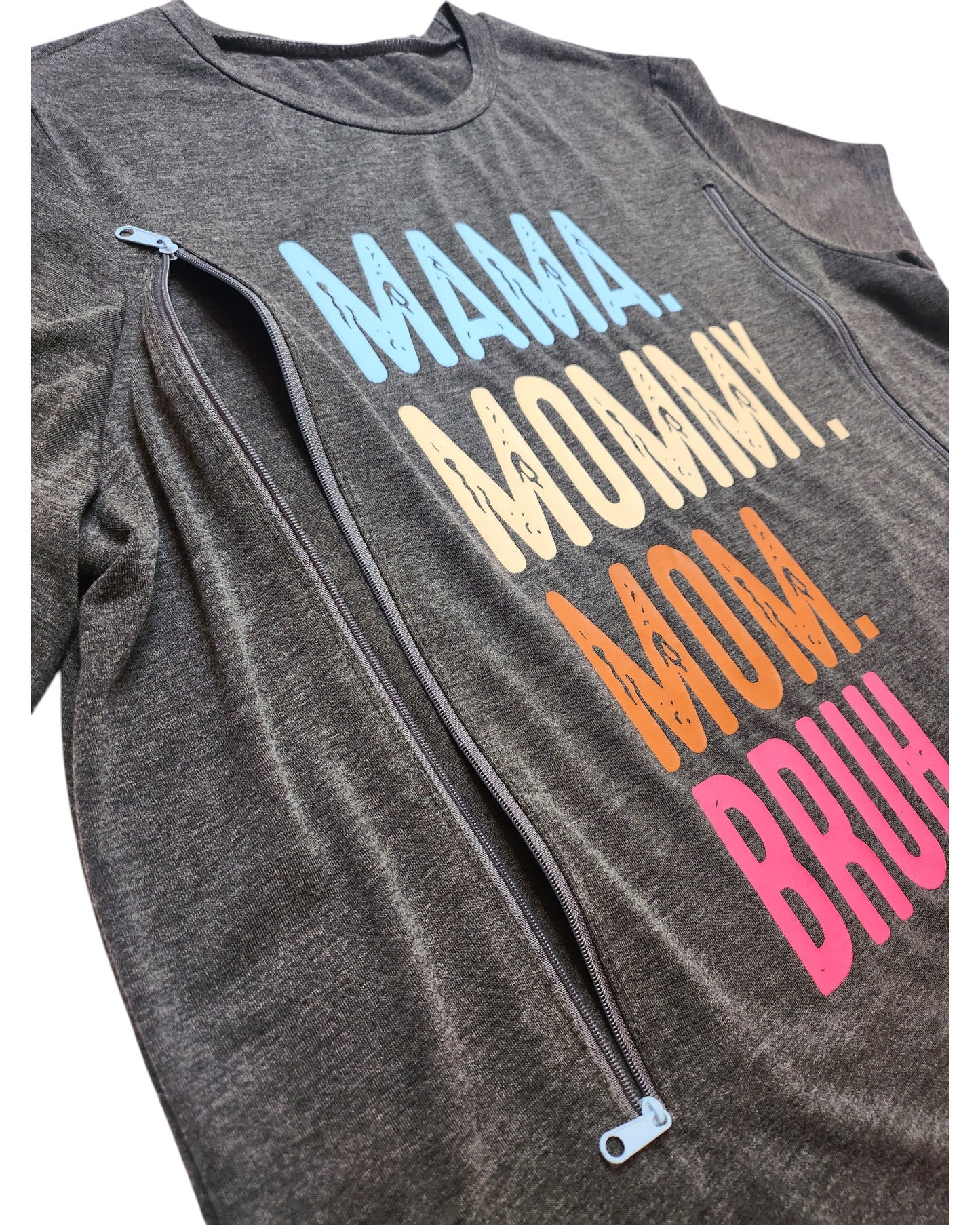 The Emery Rose Upcycled Breastfeeding & Pumping Mama t-shirt (XL) in heather gray features two chest zippers for nursing and colorful MAMA. MOMMY. MOM. BRUH. text in blue, yellow, orange, and pink letters.