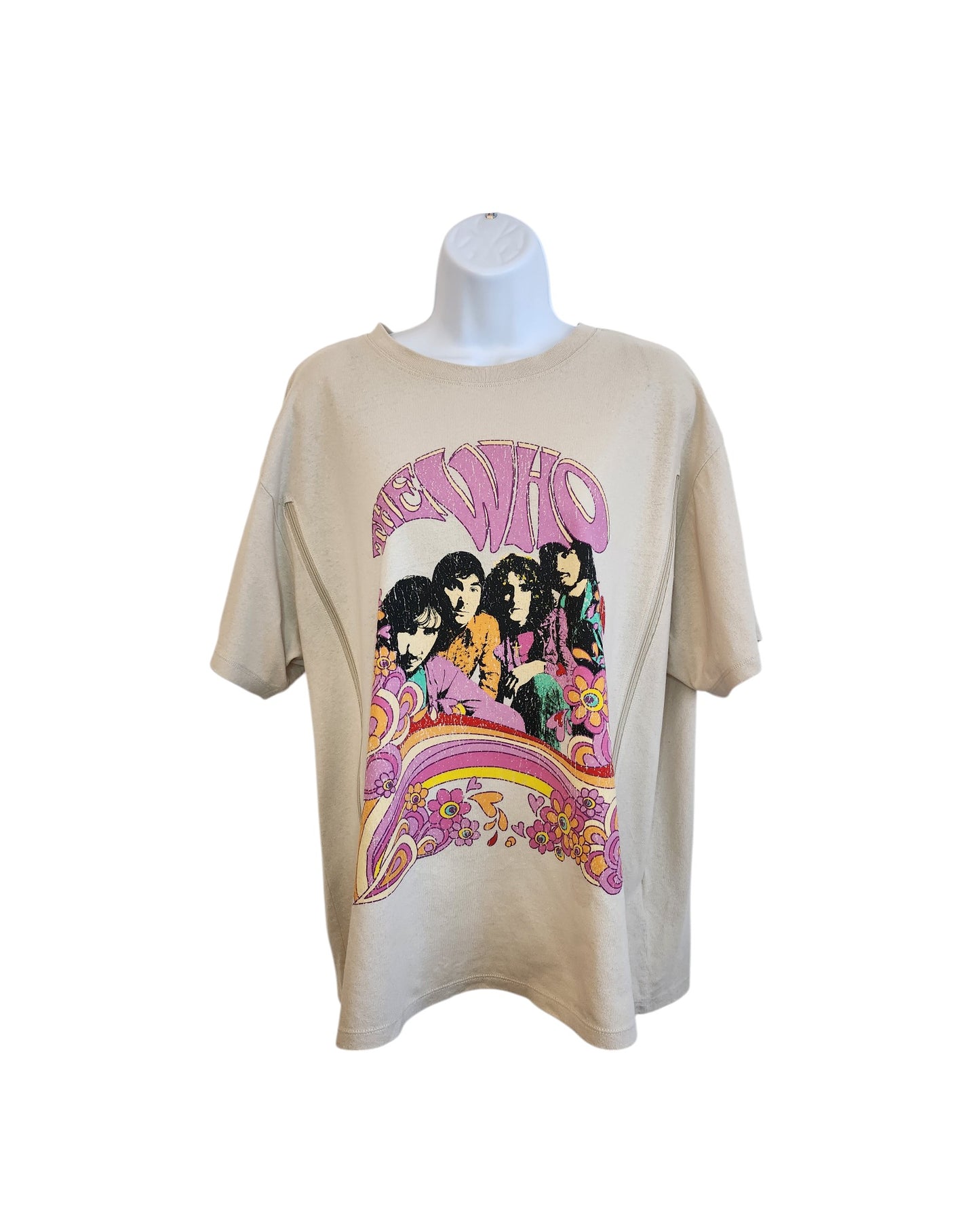 H&M’s Upcycled Breastfeeding & Pumping Beige The Who Band t-shirt (L) features a retro graphic of four people, bold pink The Who text, and vibrant pink, yellow, and orange swirls and flowers. Eco-friendly nursing fashion.