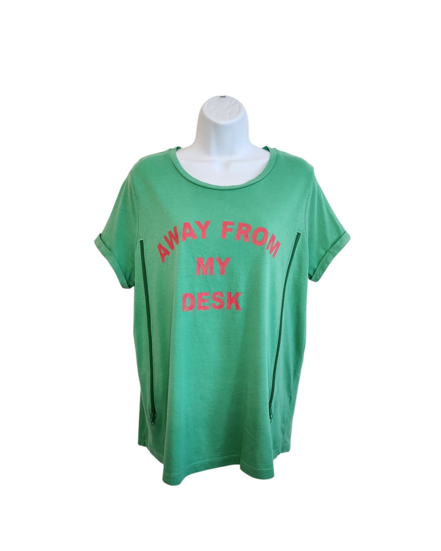 A green upcycled Tu t-shirt (UK14) for breastfeeding & pumping, with AWAY FROM MY DESK in red on the front, shown on a mannequin—an eco-friendly choice.