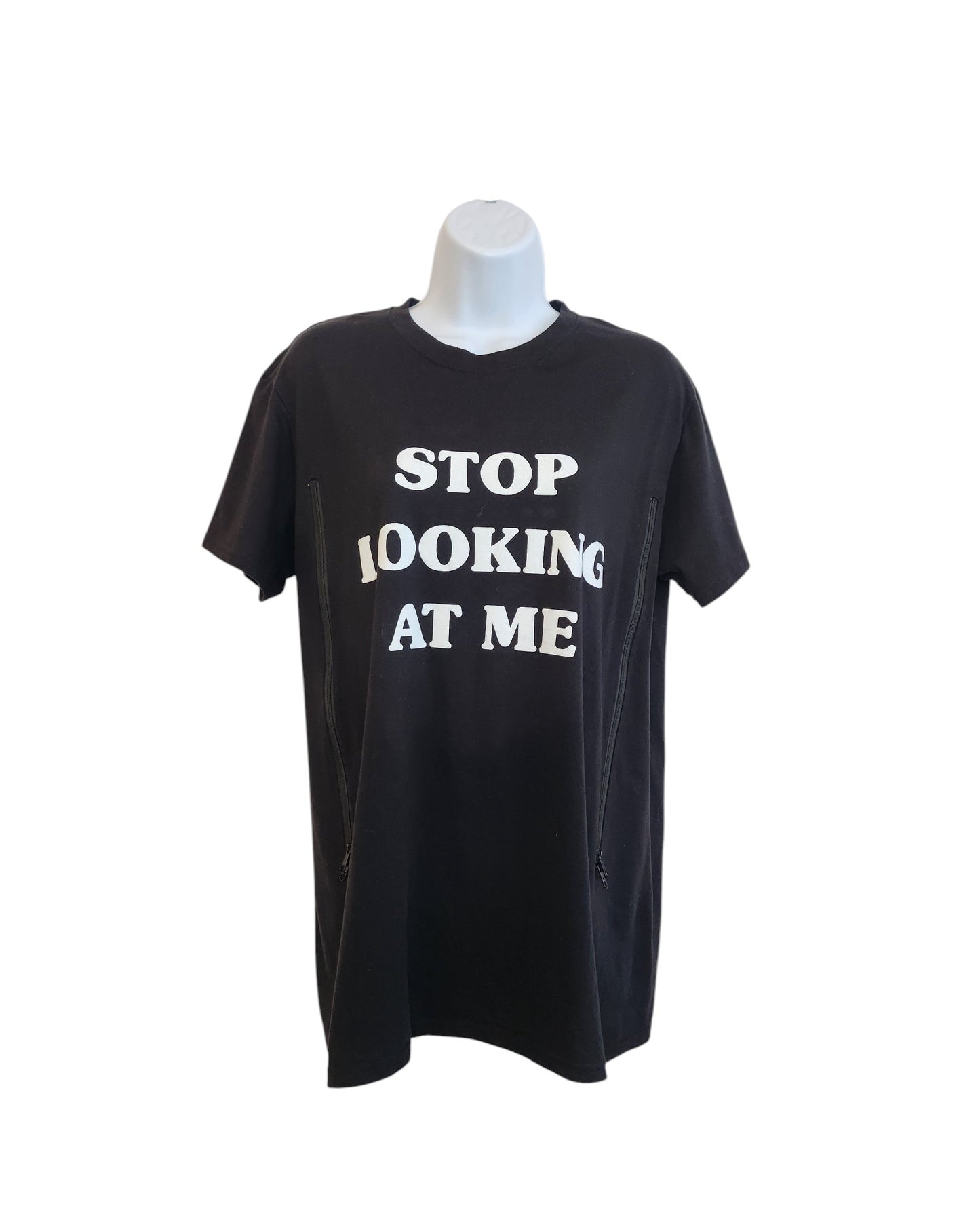 The Hoxton Chic Upcycled Breastfeeding & Pumping Stop Looking T-shirt M features bold white text on black eco-friendly fabric—a sustainable statement piece.