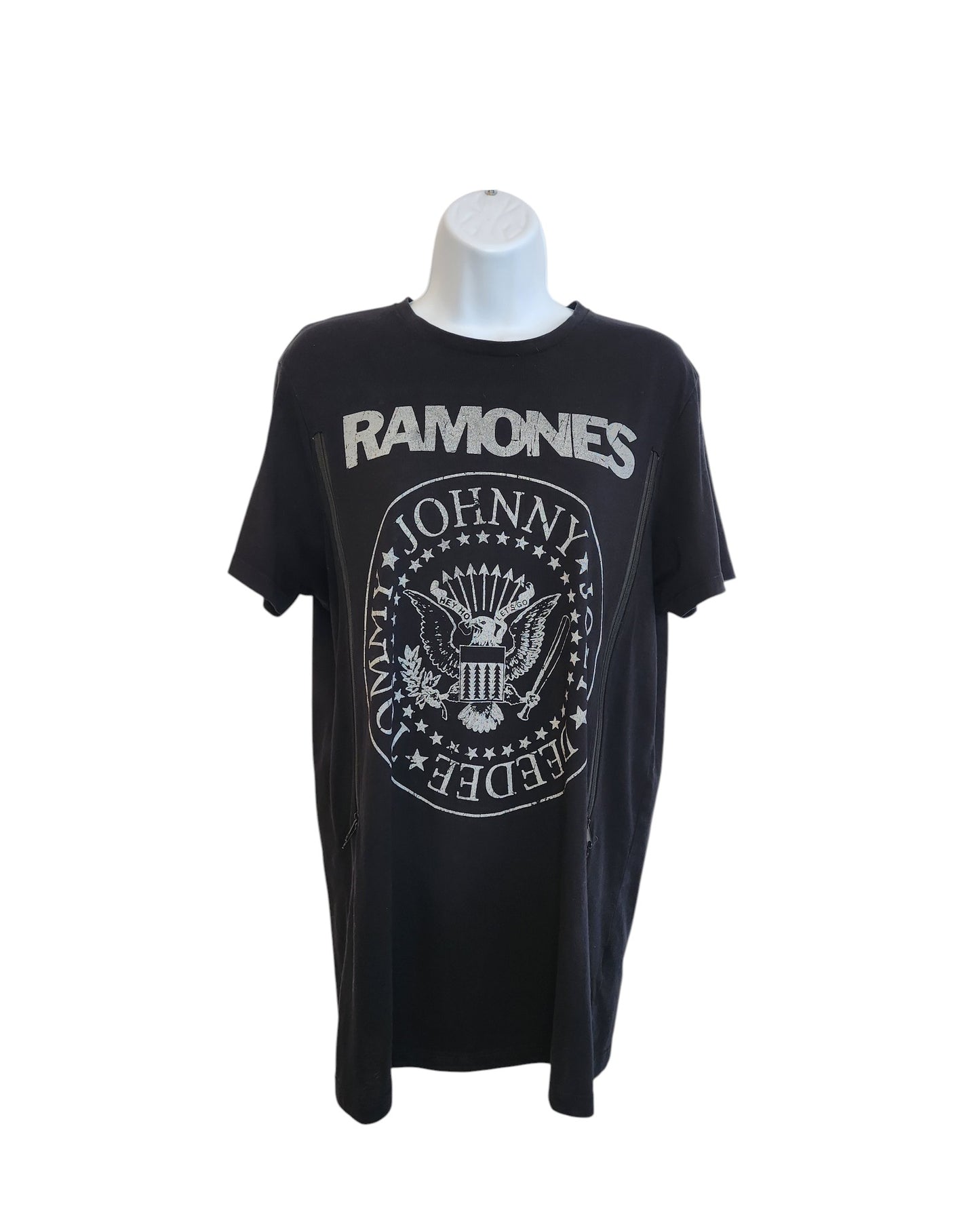 Upcycled Primark Ramones Band t-shirt (L), designed for breastfeeding & pumping, featured on a mannequin with the classic Ramones logo—an ideal preloved find for music lovers and new moms.