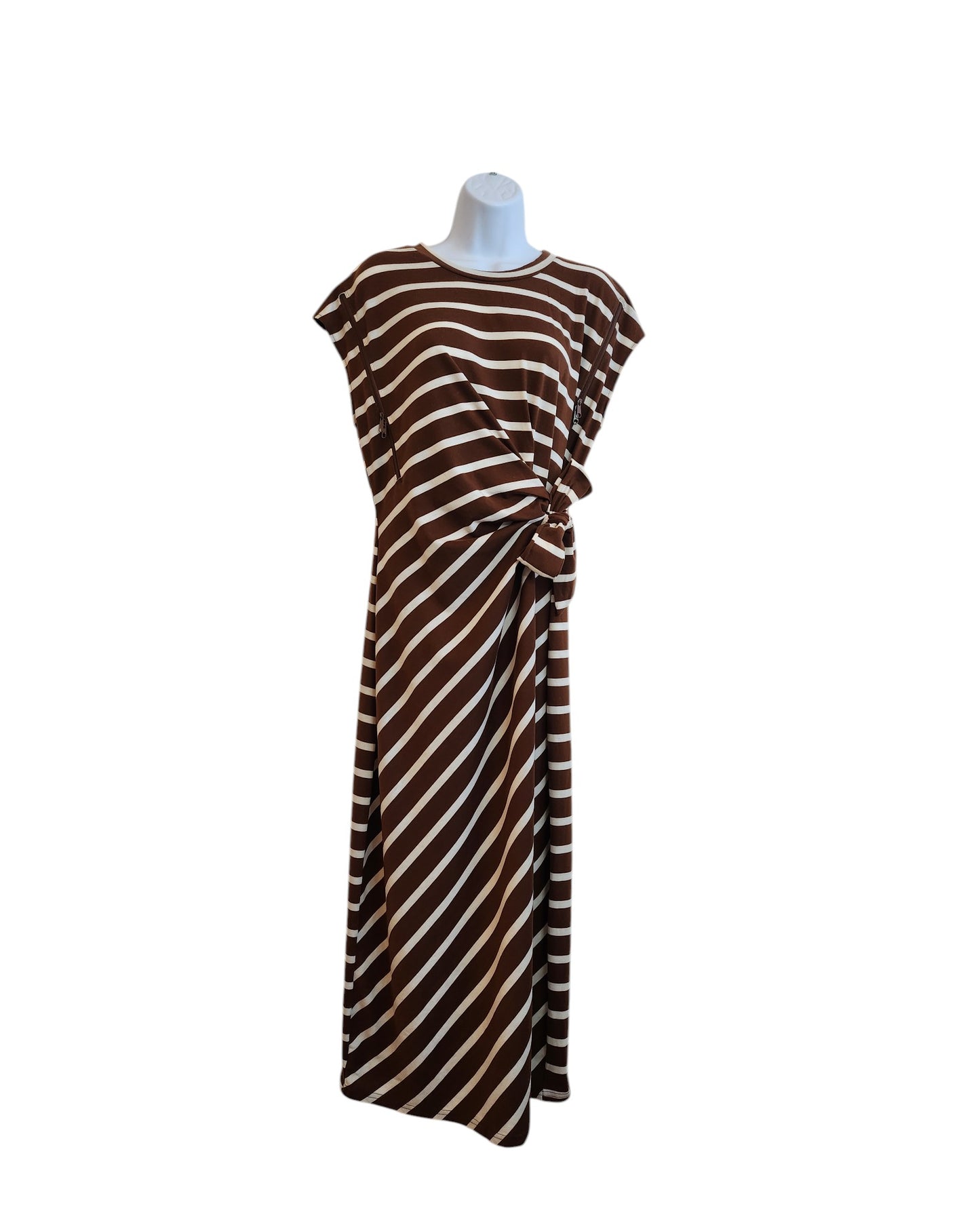 The Upcycled Breastfeeding & Pumping Brown/Cream Stripe dress (size L) by TikTok is a preloved, sleeveless, floor-length dress with a gathered knot waist, shown on a mannequin against a plain white background.
