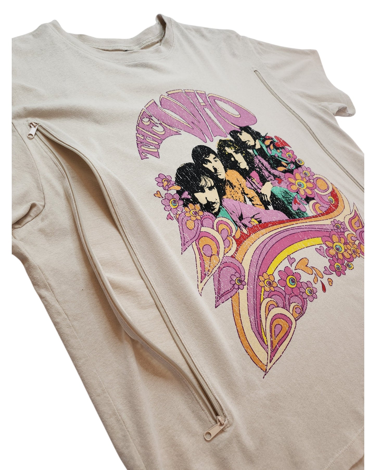 The H&M Upcycled Breastfeeding & Pumping Beige The Who Band T-shirt (L) features eco-friendly design, two diagonal zippers for nursing or pumping, and a vibrant graphic of The Who band with psychedelic accents.