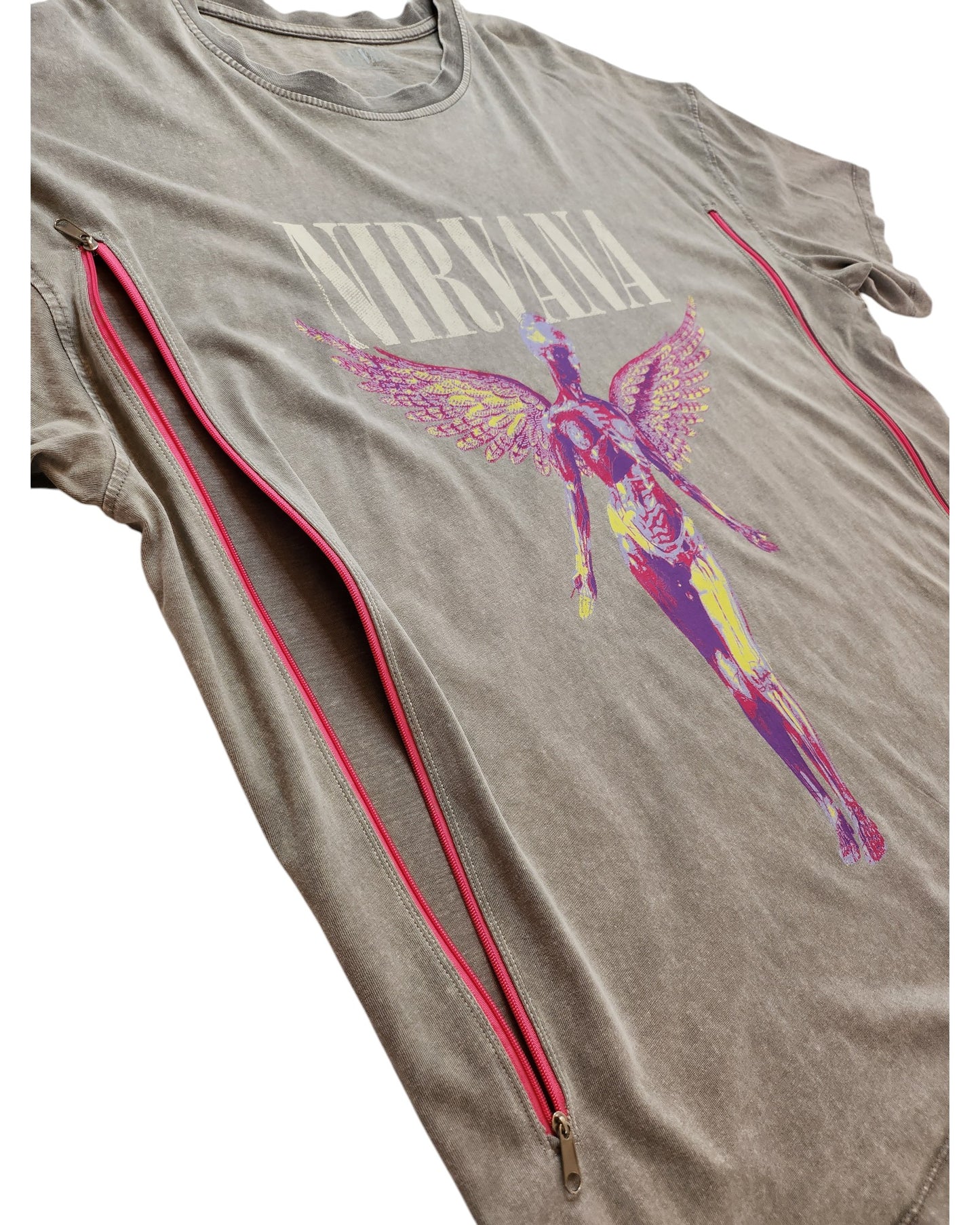 Primark Upcycled Breastfeeding & Pumping Beige/Grey Nirvana Band T-shirt (L) features a colorful anatomical angel graphic and pink vertical side zippers—an eco-friendly, functional fashion statement.
