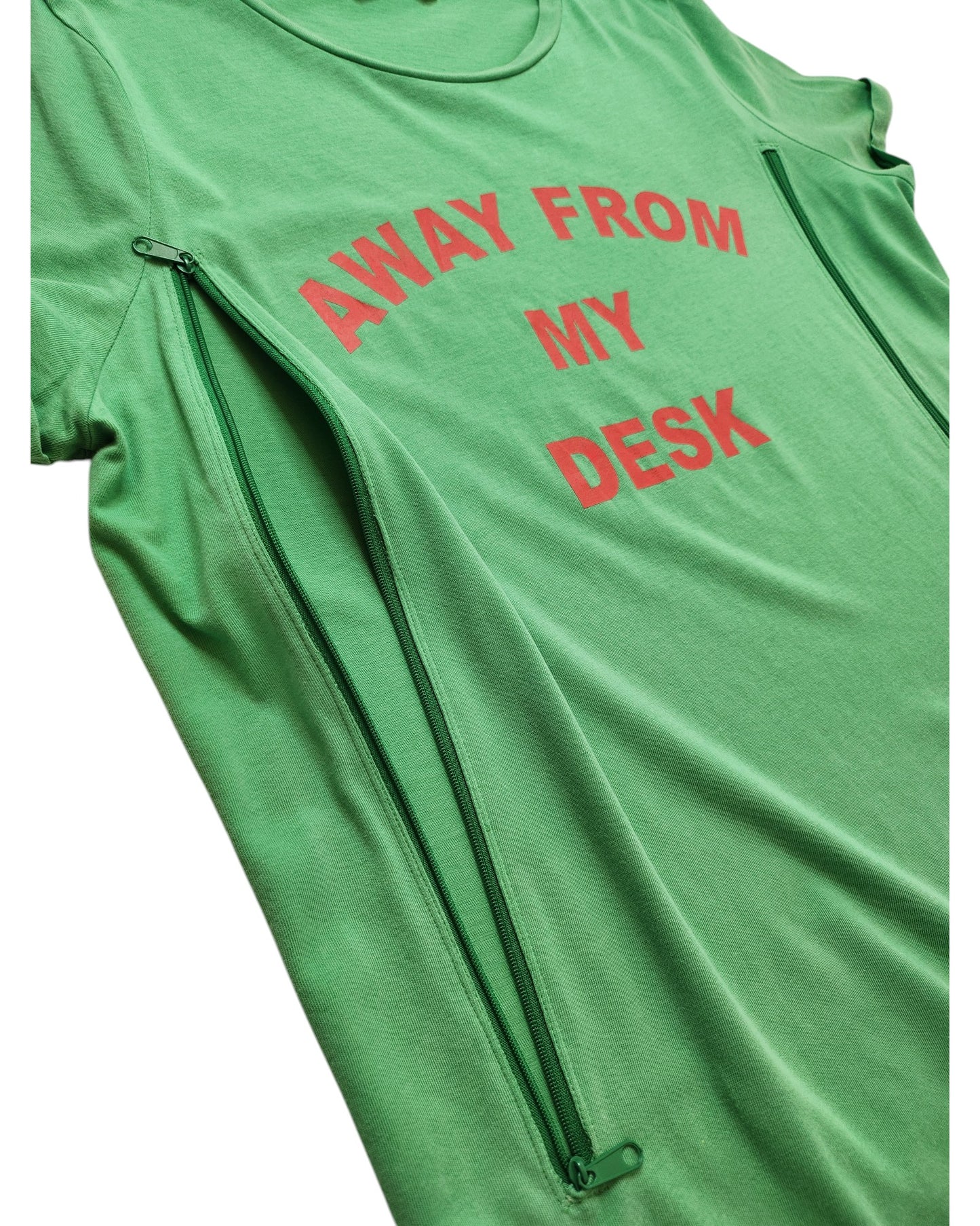 The Tu Upcycled Breastfeeding & Pumping Away From My Desk t-shirt UK14 features red text, two side zippers for nursing, and is crafted from upcycled clothing for a unique, sustainable look.