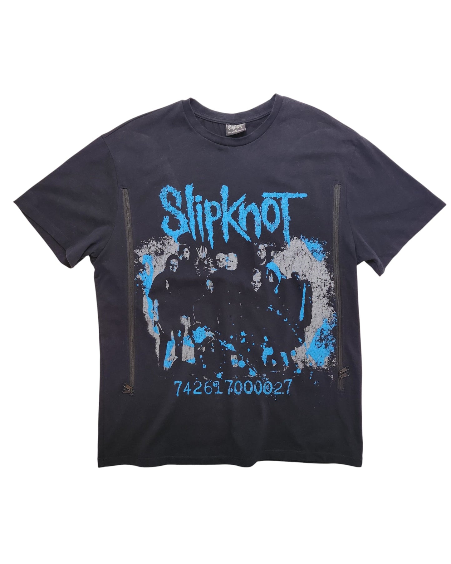 The Primark Upcycled Breastfeeding & Pumping Black/Blue Slipknot Band T-shirt (M) features a blue and white graphic with band members below the logo and the numbers 742617000027 at the bottom.