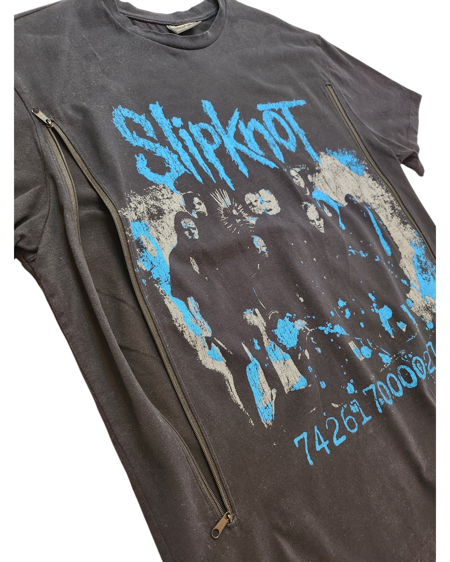 Upcycled Primark Slipknot band t-shirt (M) in black/blue, features the bands logo, member graphic, 742617000027 numbers, chest zippers for easy breastfeeding/pumping—crafted from preloved clothing for a unique look.