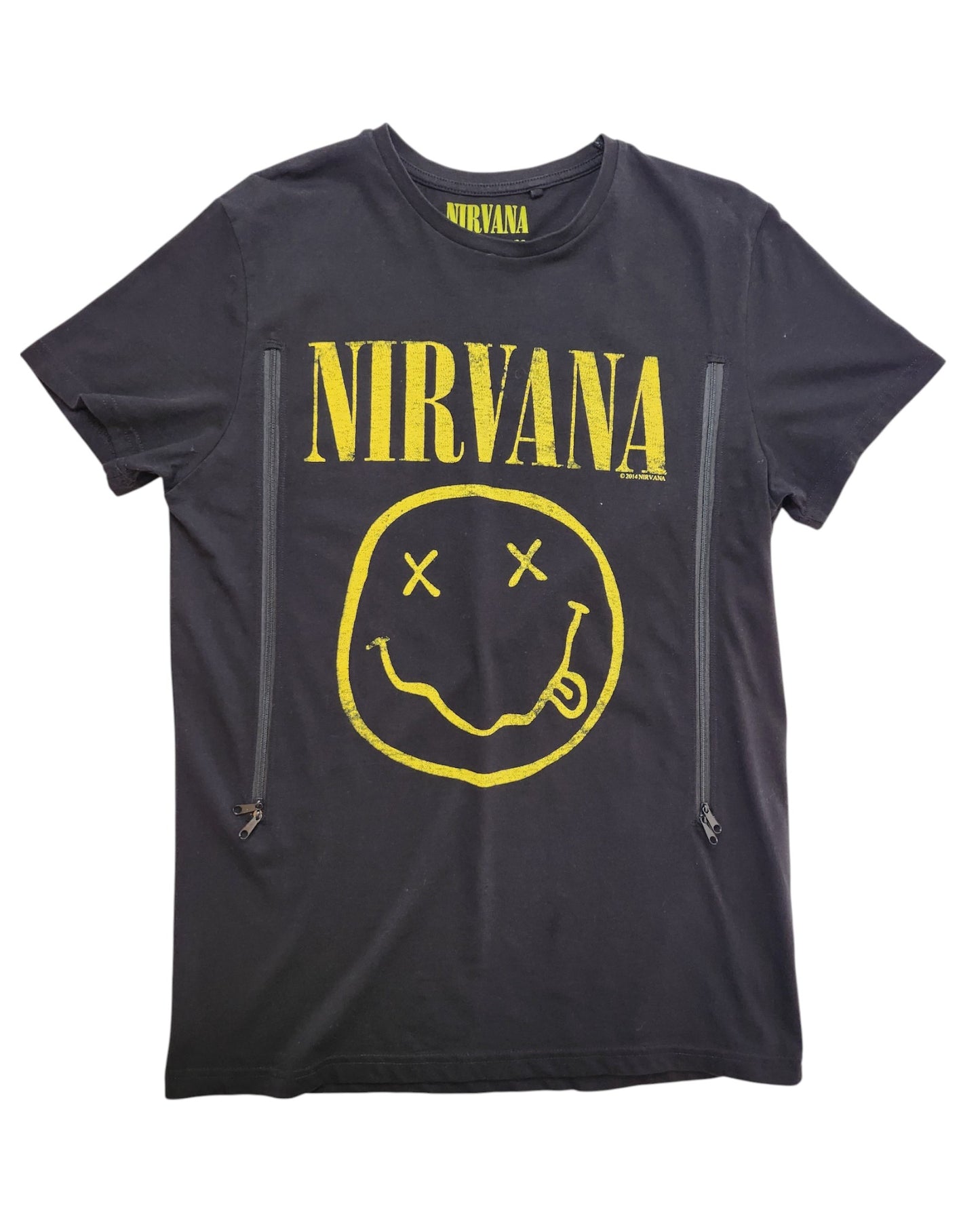 The Cedar Wood State Upcycled Breastfeeding & Pumping Nirvana Band t-shirt (M) is black with the yellow band name and smiley face, plus vertical zippers under the arms for a unique, affordable twist on classic merch.