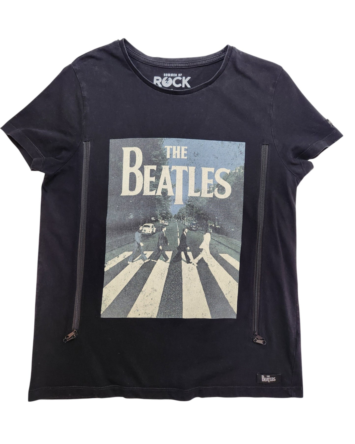 The Summer of Rock Upcycled Breastfeeding & Pumping The Beatles t-shirt UK10 is a stylish, sustainable black tee featuring the iconic Abbey Road album cover—perfect for eco-conscious nursing fans seeking comfort and rock-inspired fashion.