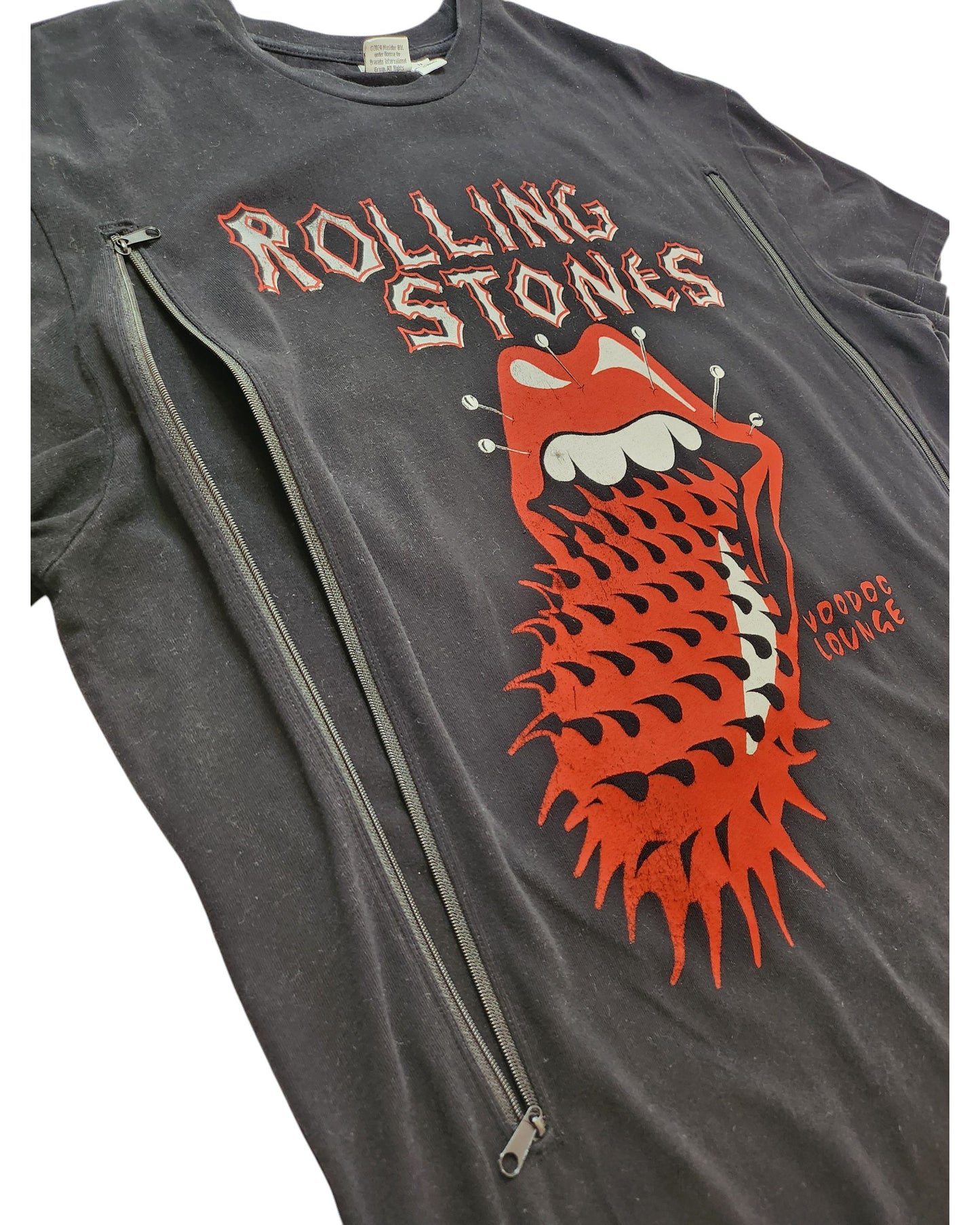 Primark Upcycled Breastfeeding & Pumping Black Voodoo Rolling Stones Band t-shirt (size M) featuring a bold graphic and unique zippered front—ideal for those seeking stylish, preloved or upcycled nursing wear.
