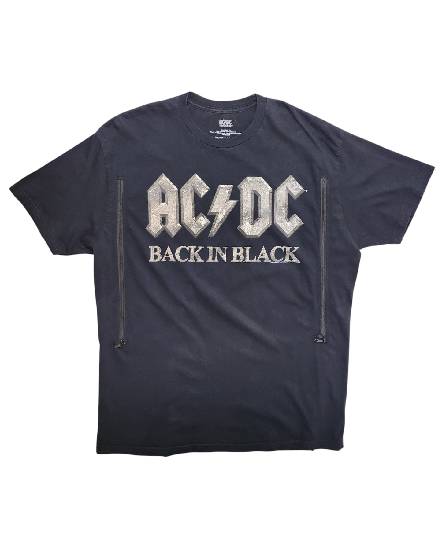 An eco-friendly XL black AC/DC Upcycled Breastfeeding & Pumping Band T-shirt features the BACK IN BLACK logo in bold, gray letters—a sustainable choice for fans seeking style and function.