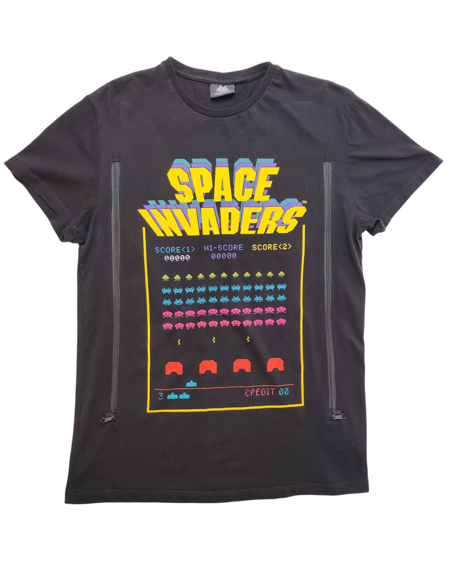 The Cedar Wood State Upcycled Breastfeeding & Pumping Space Invaders T-shirt (M) features colorful pixelated alien graphics, spaceships, scores, and captions on black eco-friendly upcycled fabric.