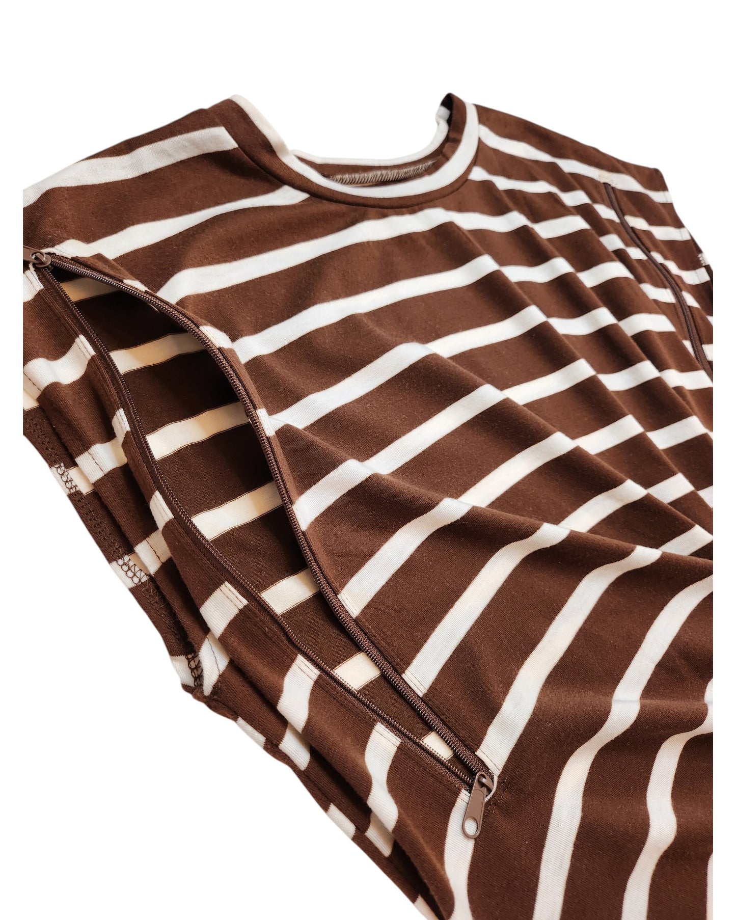 The TikTok Upcycled Breastfeeding & Pumping Brown/Cream Stripe dress (size L) features a visible side zipper for easy nursing access. Laid flat on a white background, the partially open zipper highlights seam detailing.