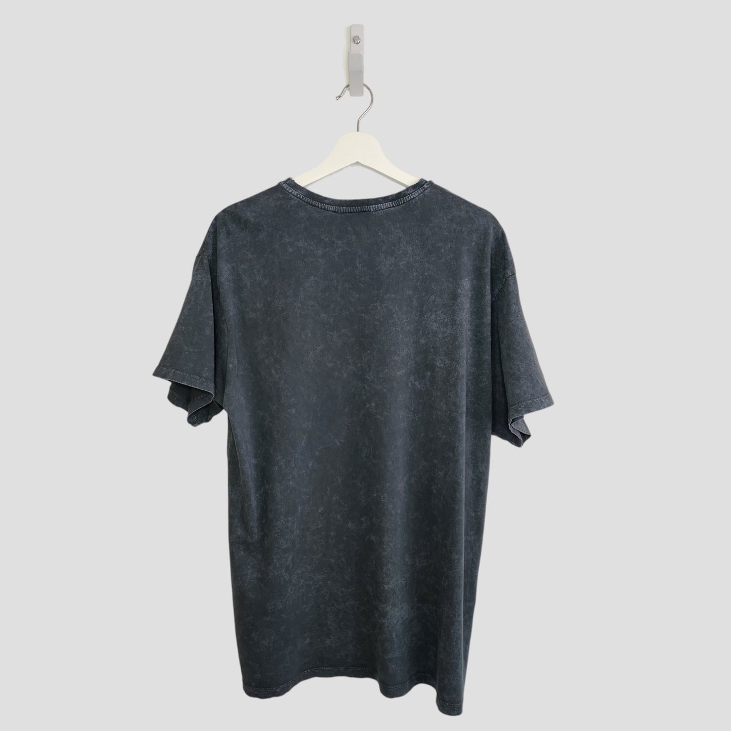 A New Look Upcycled Breastfeeding & Pumping Grey Roses Cross Guns n Roses Band t-shirt (UK14) is displayed on a white hanger, back side visible, against a light gray background.
