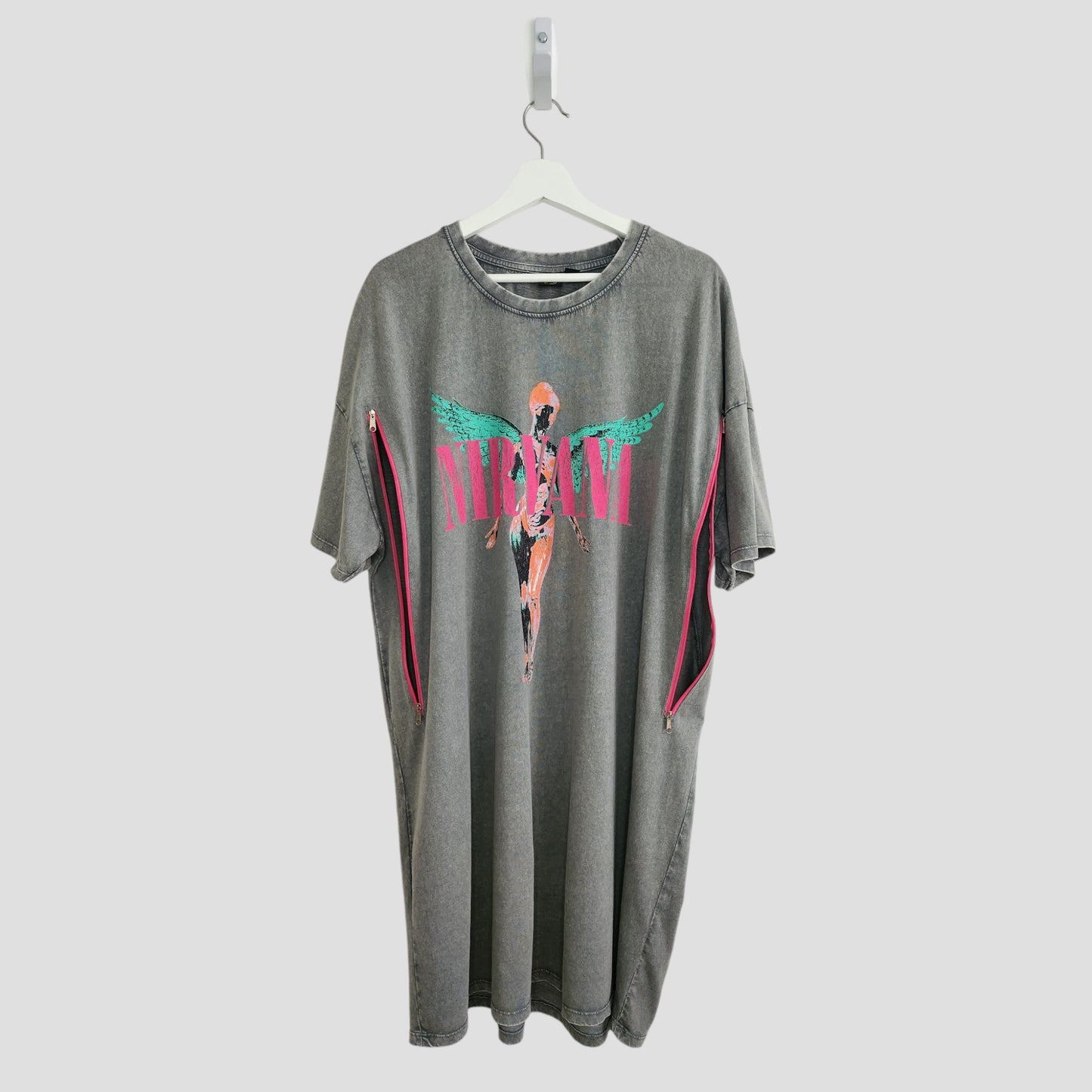 Primark Upcycled Breastfeeding & Pumping Grey/Pink Nirvana Angel t-shirt dress (L, UK14/16) features a colorful logo, angel graphic, pink zippered sides, and short sleeves—crafted from eco-friendly materials.