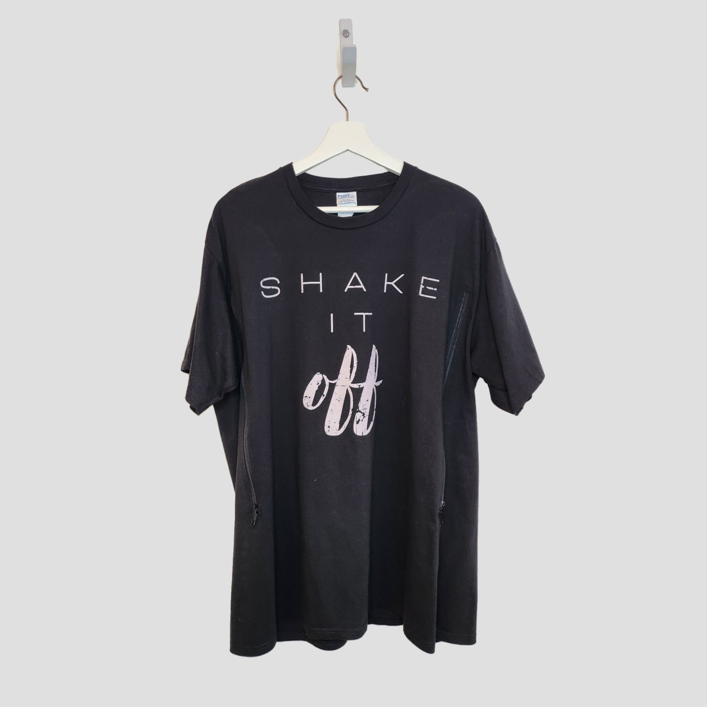 The Port & Company Upcycled Breastfeeding & Pumping Black Shake It Off t-shirt XL (100298) features bold white and pink lettering—ideal as stylish, preloved clothing for nursing or pumping moms.