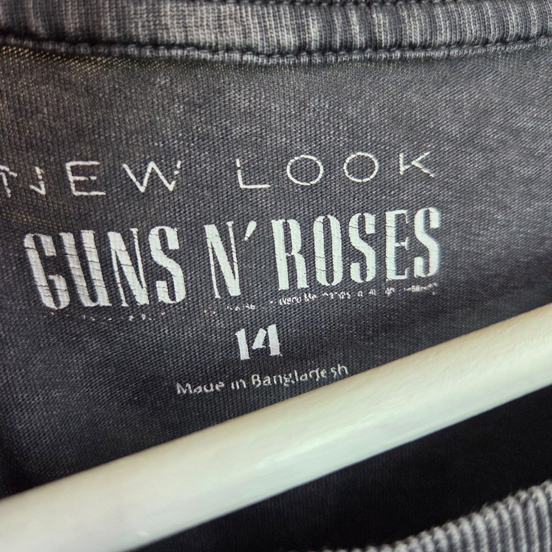 Close-up of a New Look label in a grey Guns N Roses cross band UK14 upcycled breastfeeding & pumping t-shirt, made in Bangladesh. White hanger visible—stylish choice for nursing moms.
