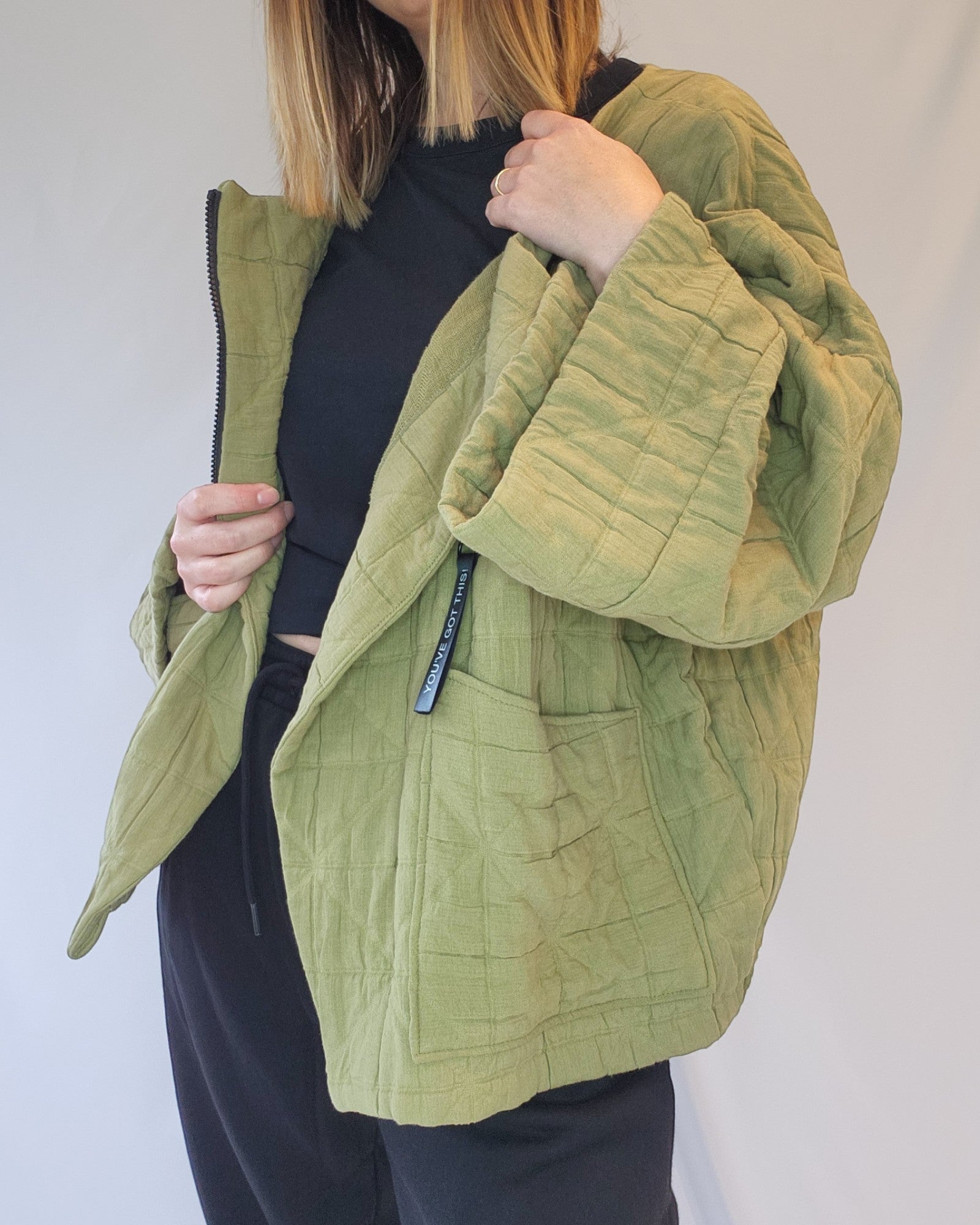 You've Got This! Quilted Cotton Kimono Jacket for maternity, breastfeeding (nursing), and pumping.